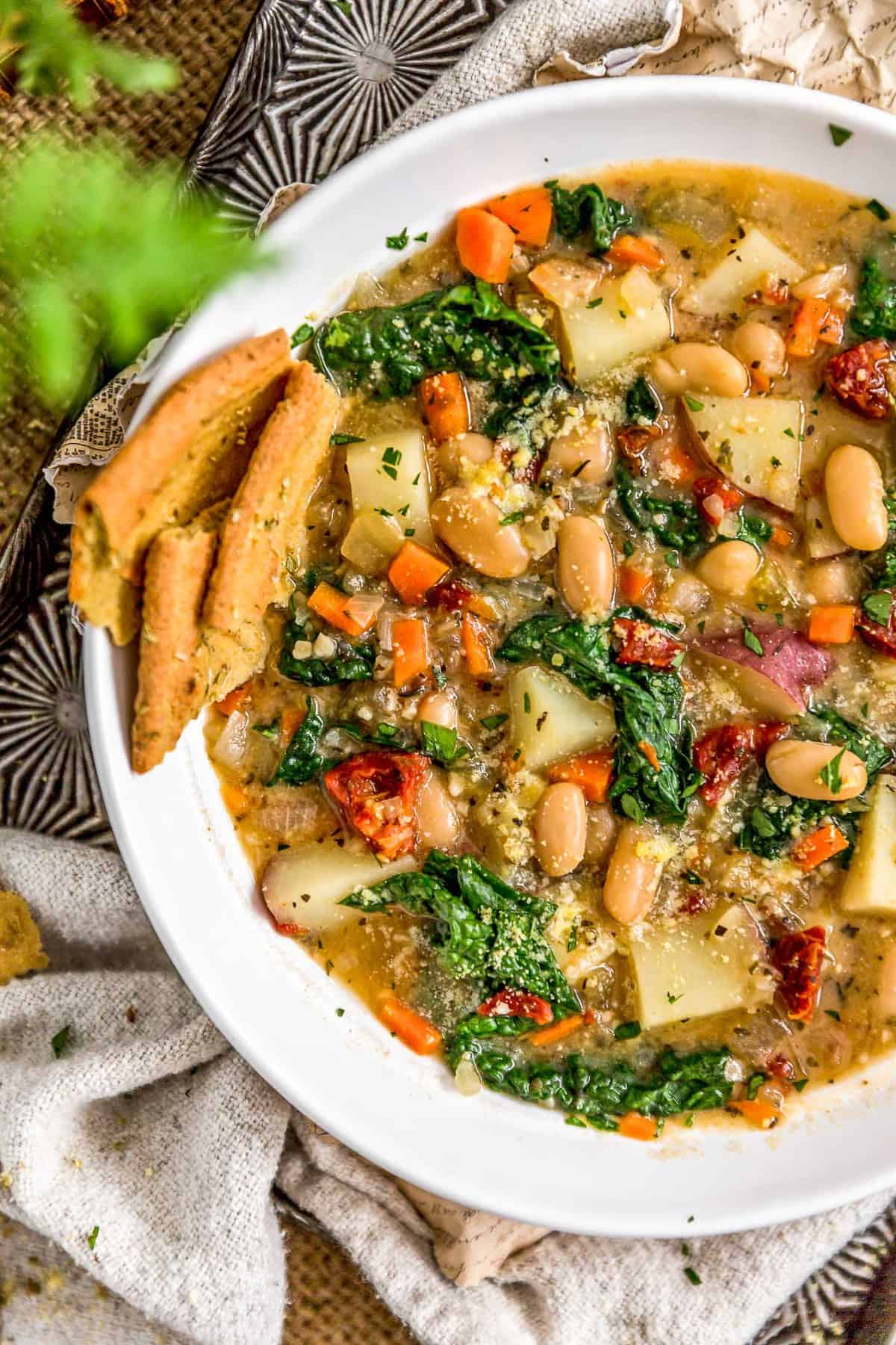 Close up of Tuscan Kale Potato Bean Soup