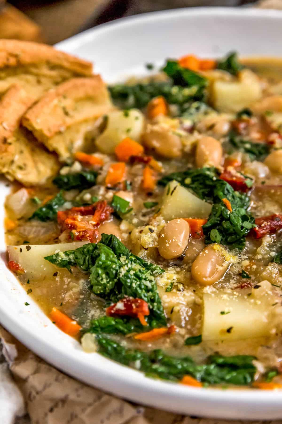 Close up of Tuscan Kale Potato Bean Soup