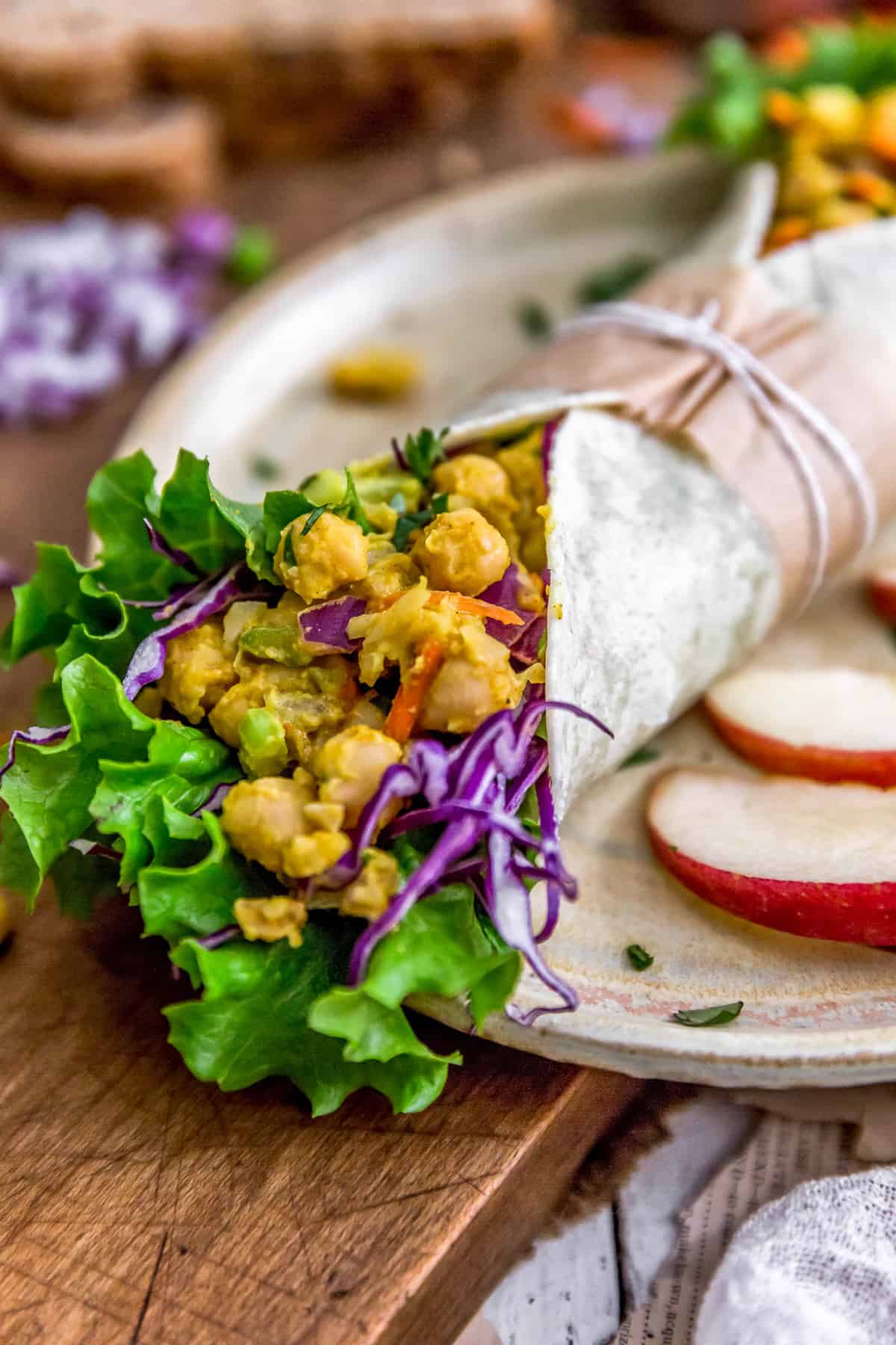 Close up of a Vegan Curried Chickpea Salad wrap