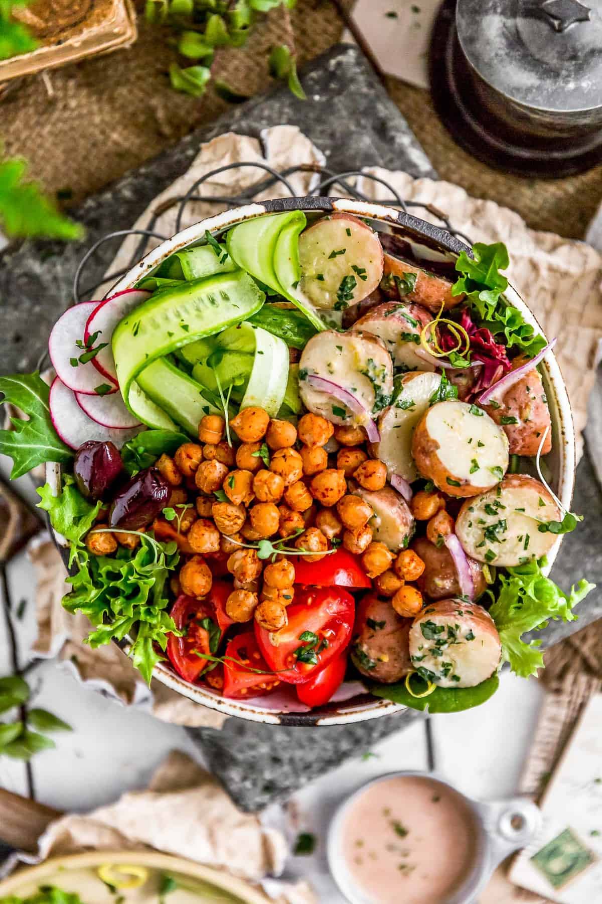 Greek Potato Salad in a veggie bowl