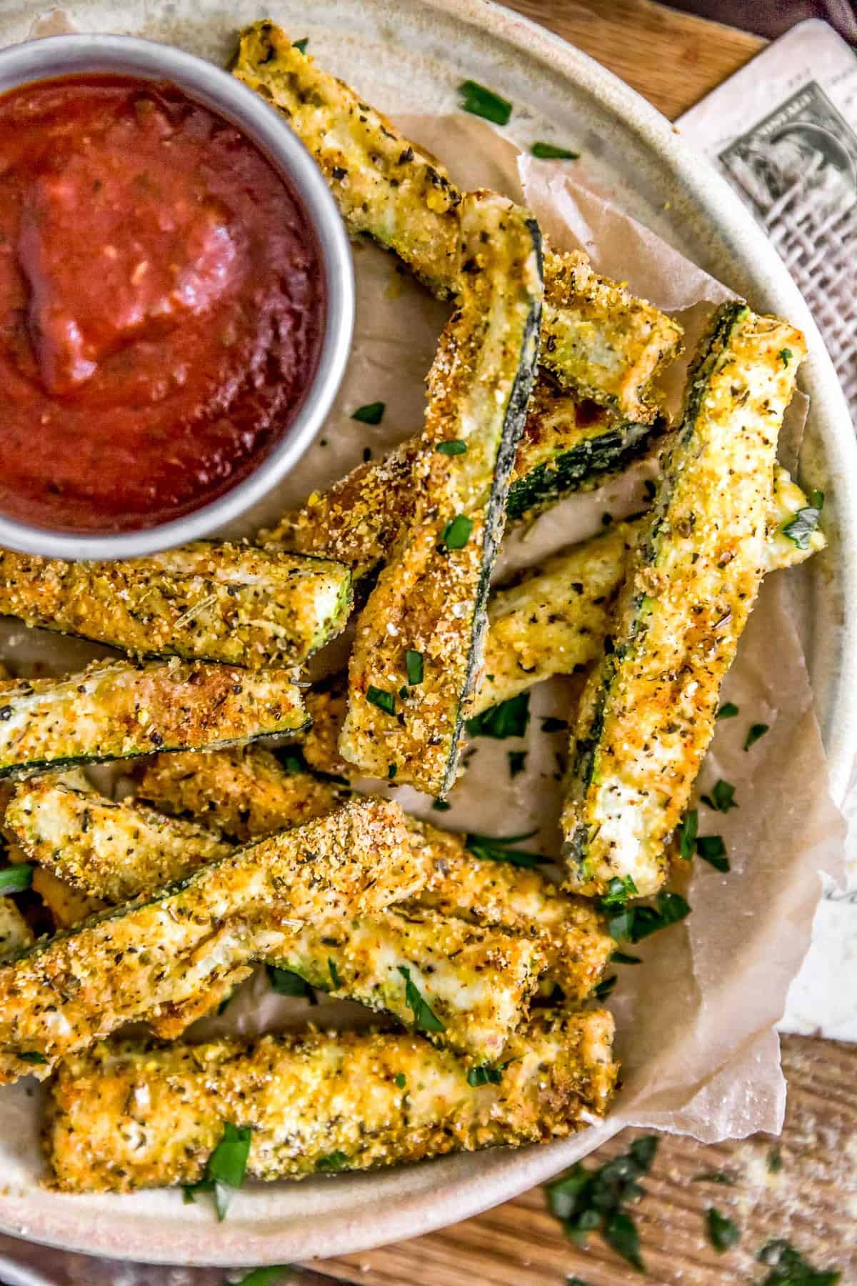 Close up of plated Italian Baked Zucchini Fries