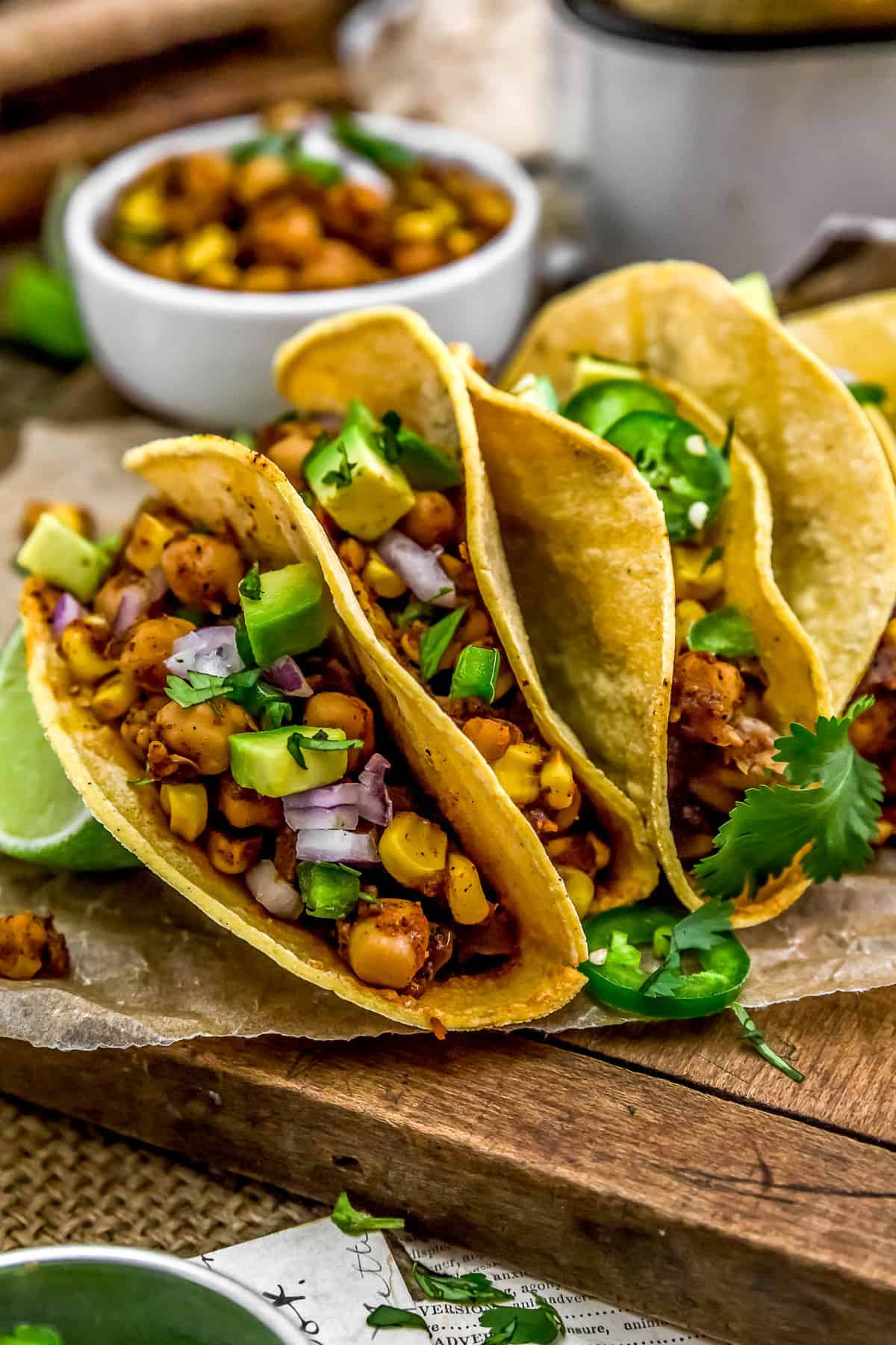 Line of Spicy Pineapple Chickpea Tacos