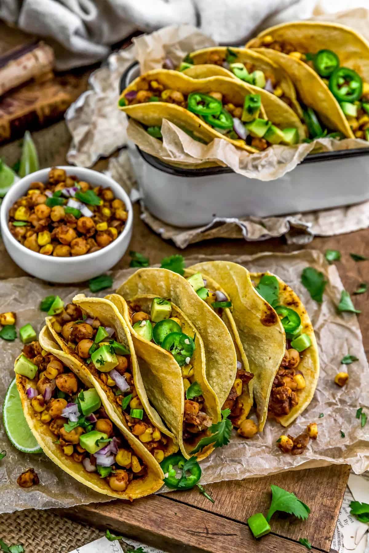 Tablescape of Spicy Pineapple Chickpea Tacos