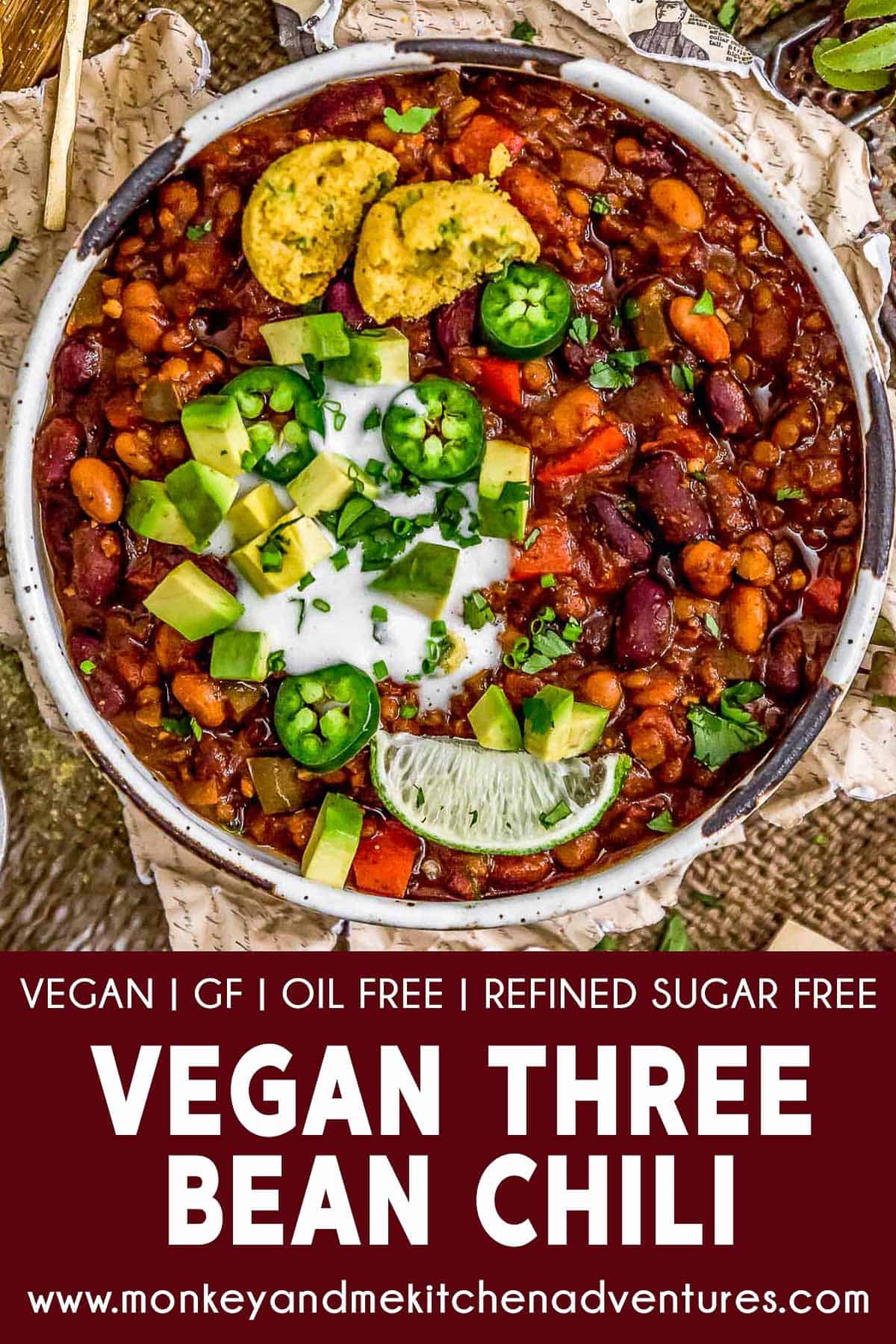 Vegan Three Bean Chili with text description