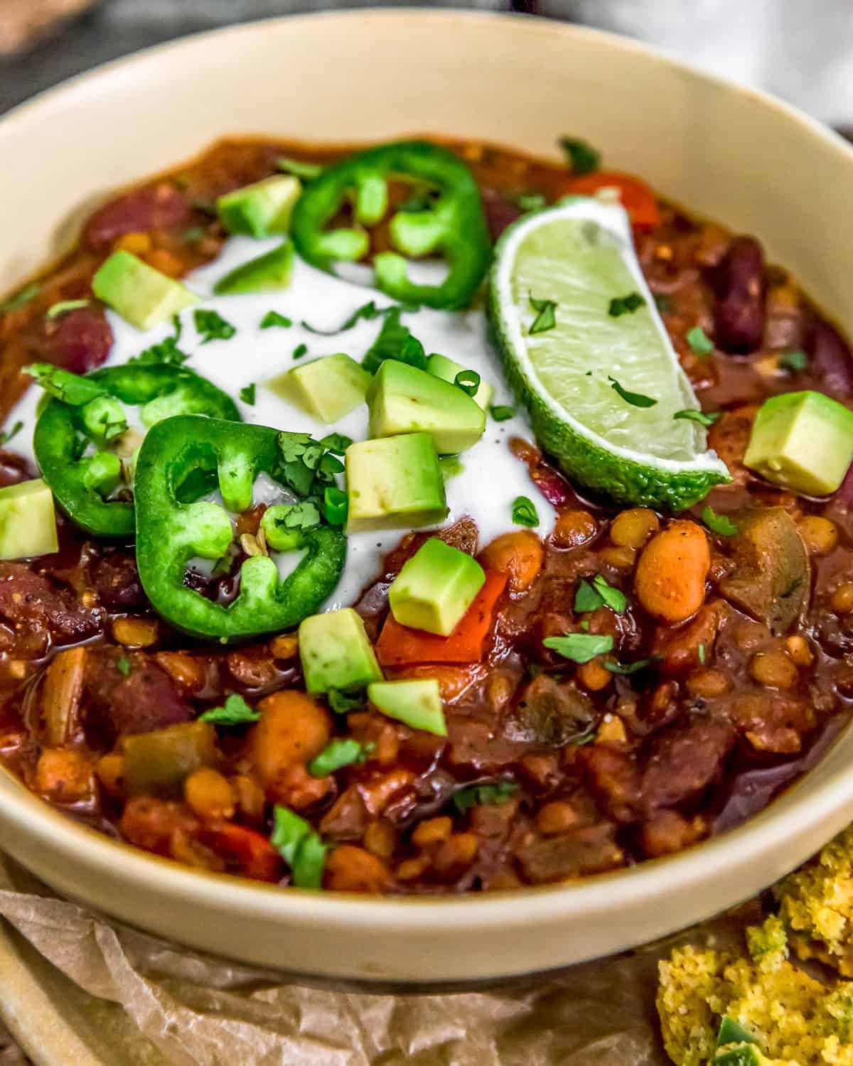 Vegan Three Bean Chili with vegan sour cream