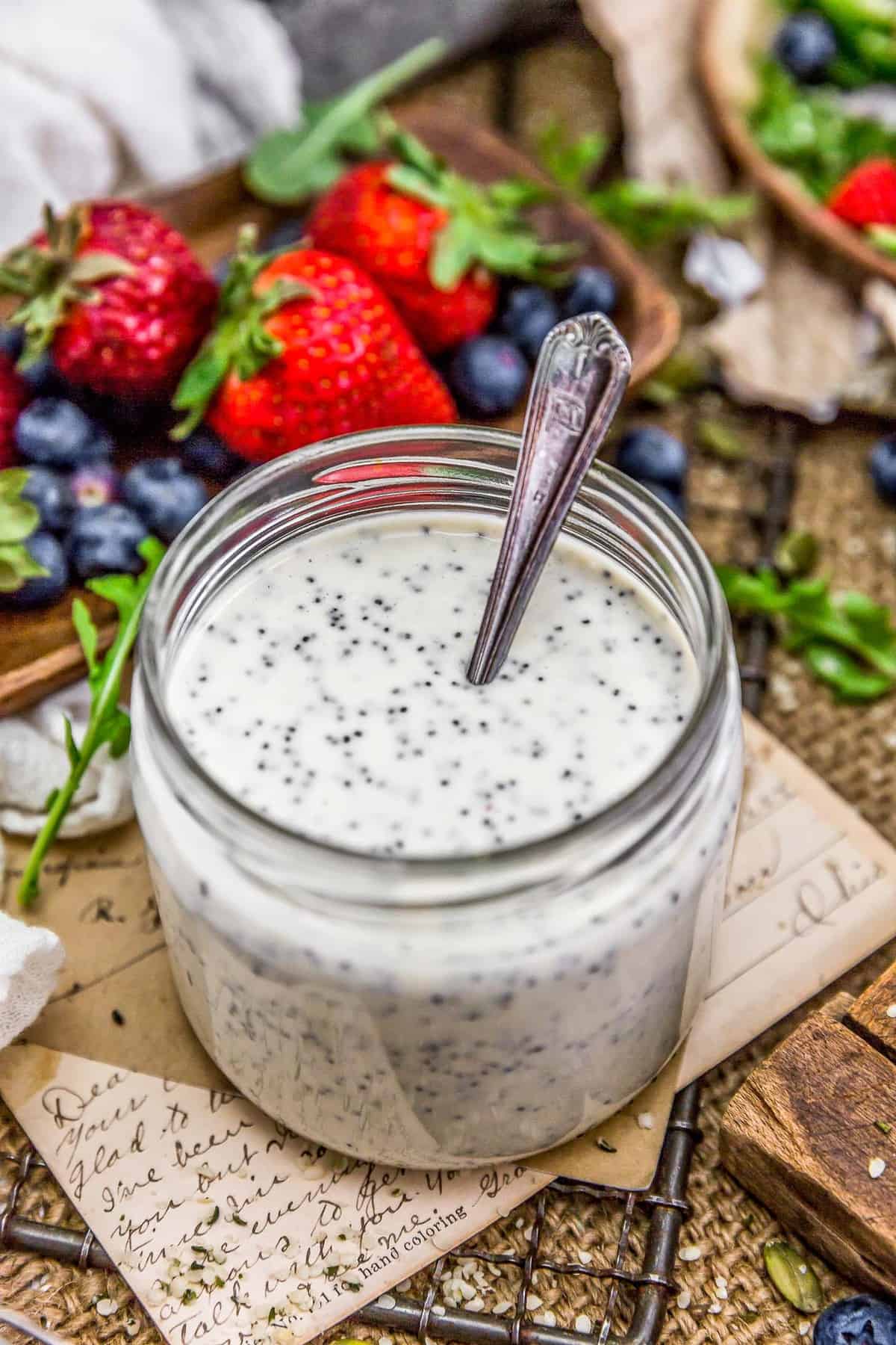 Jar of Vegan Lemon Poppy Seed Dressing