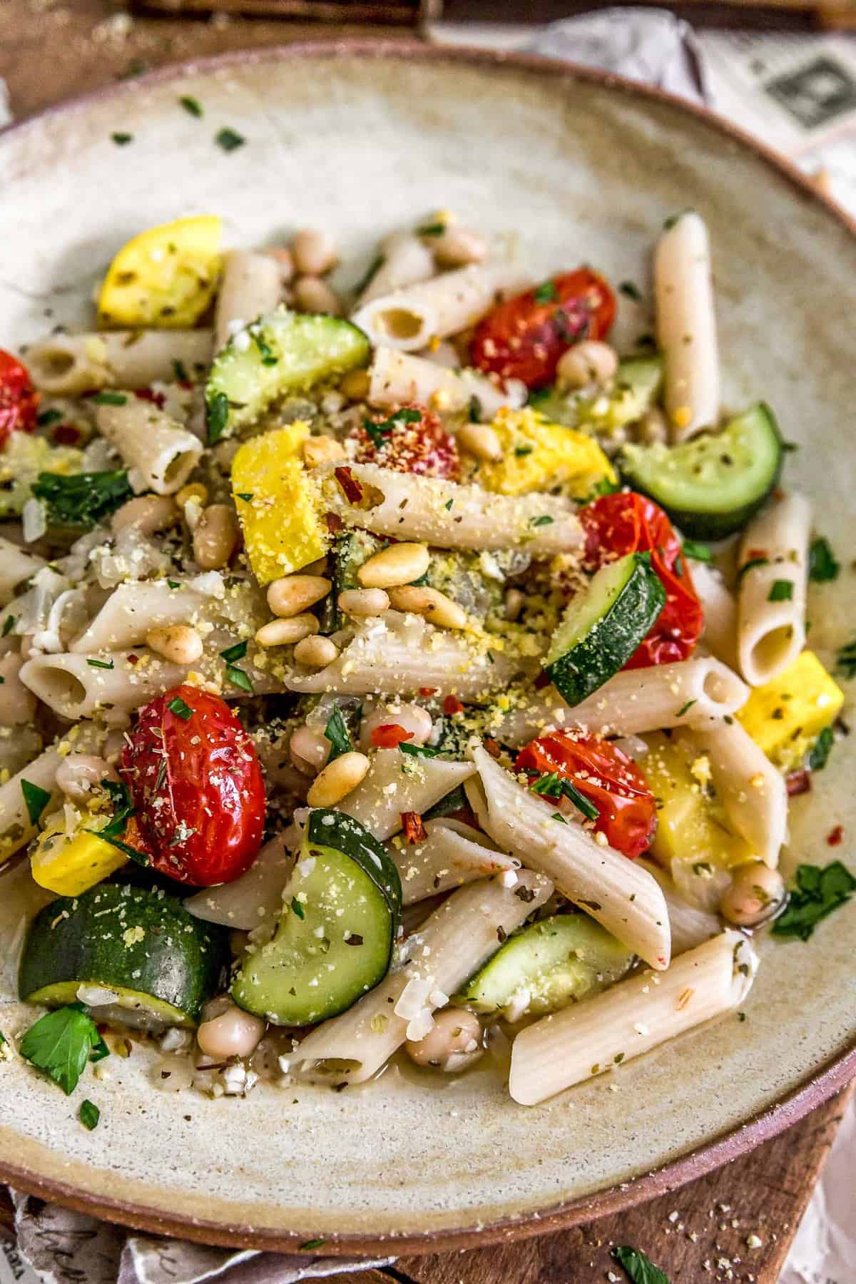 Vegan Parmesan Veggie Pasta on a plate