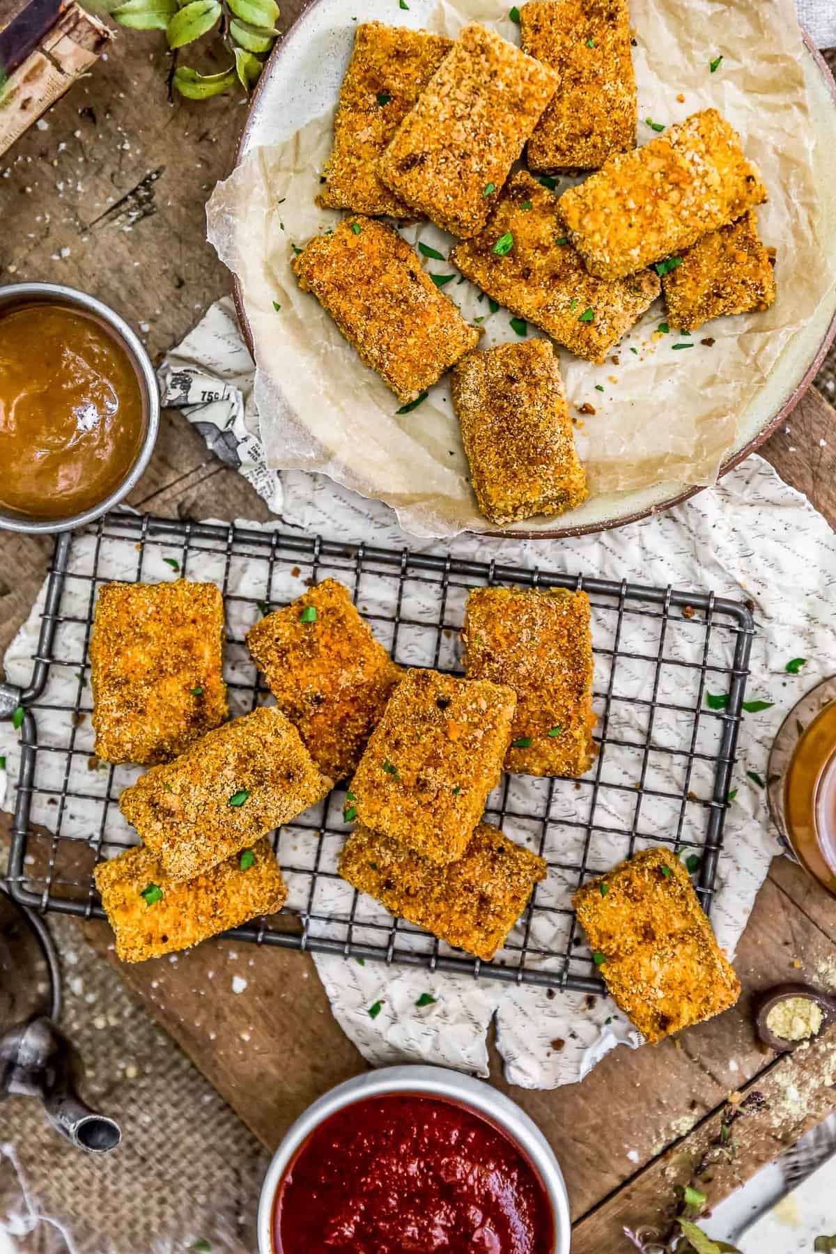 Tablescape of Crispy Baked Tofu Nuggets