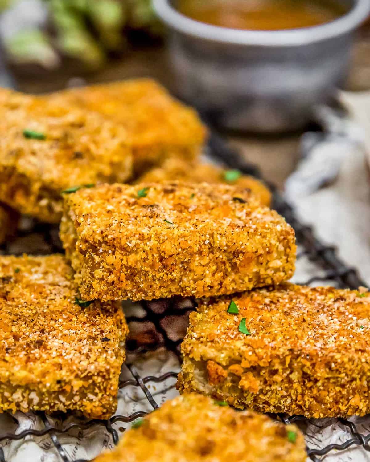 Close up of Crispy Baked Tofu Nuggets