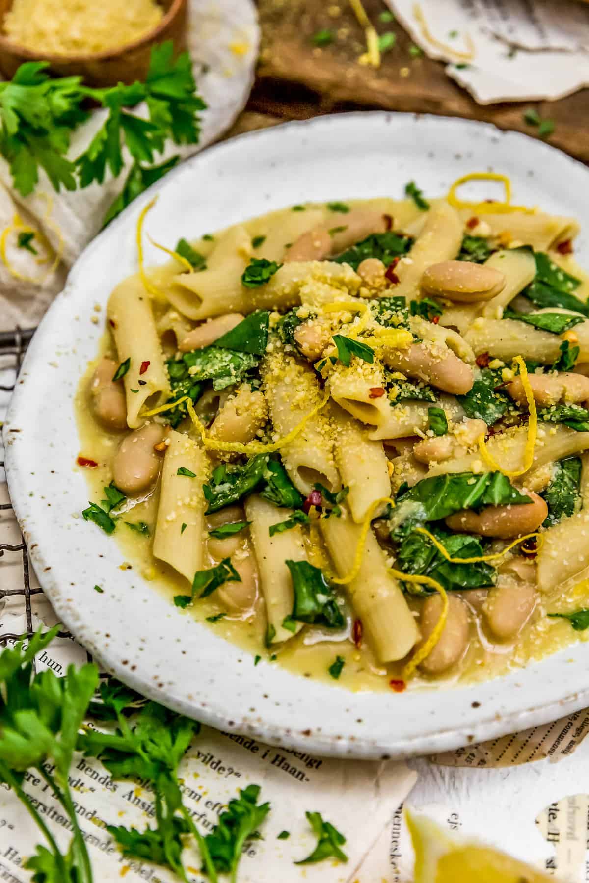 Plate of Lemony Pasta with Greens and Beans