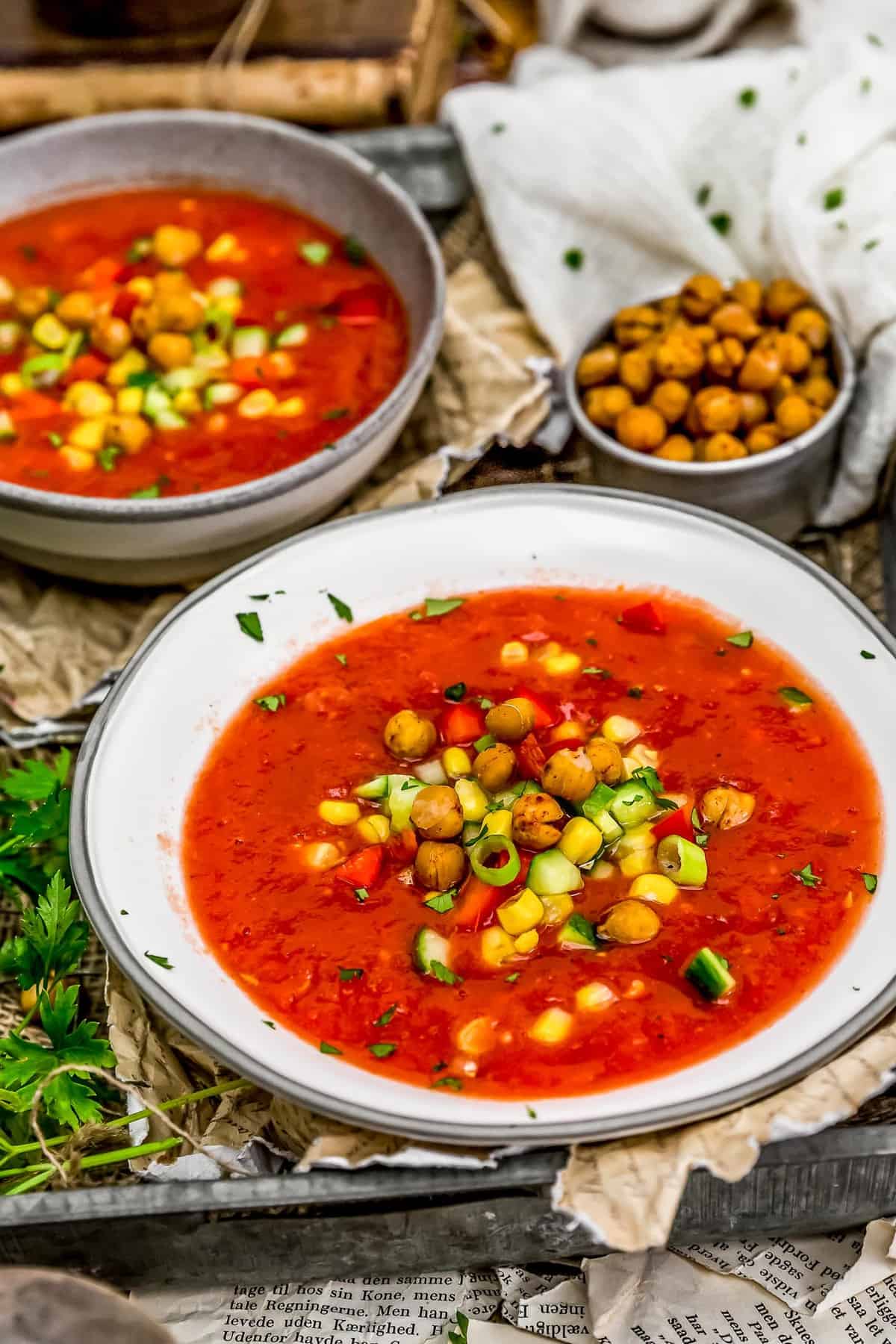 Two bowls of Oil Free Gazpacho