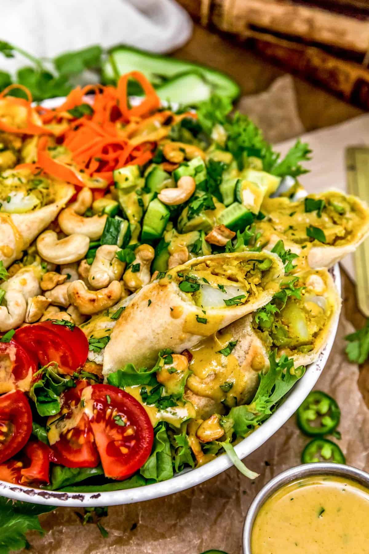 Vegan Curry Dressing over a Samosa Bowl