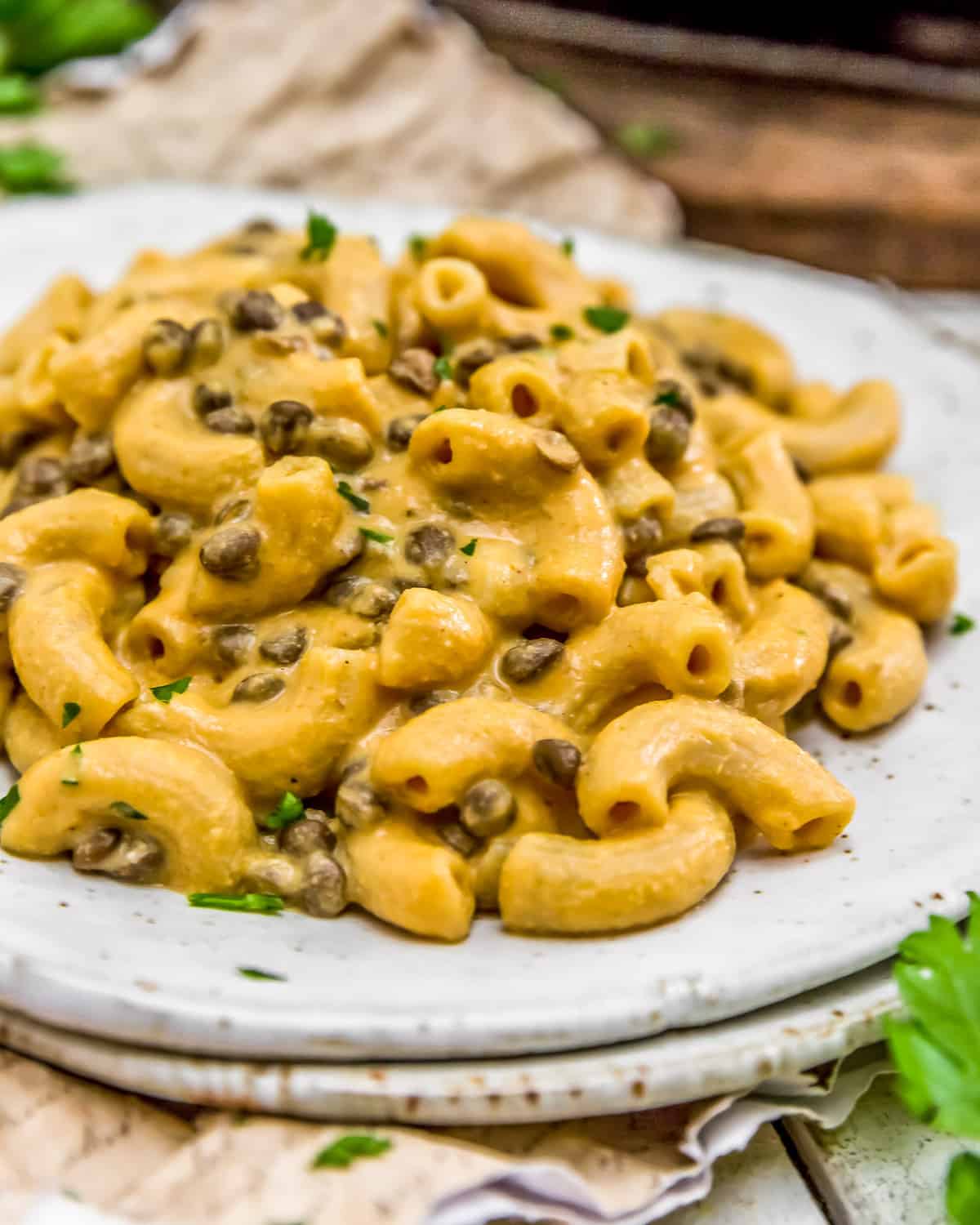 Creamy plate of Vegan Lentil Hamburger Helper