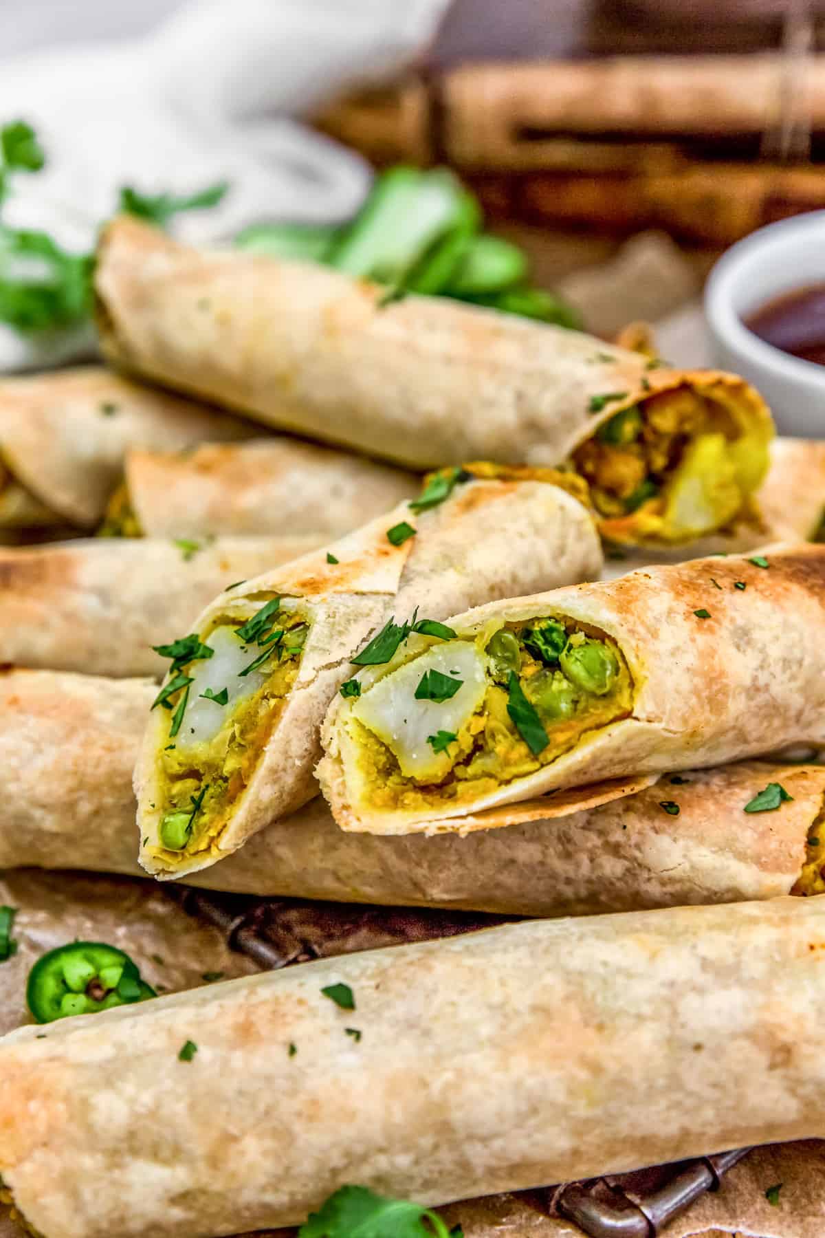 Vegan Samosa Roll cut in half