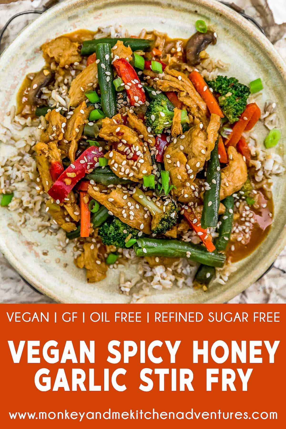 Vegan Spicy Honey Garlic Stir Fry with text description