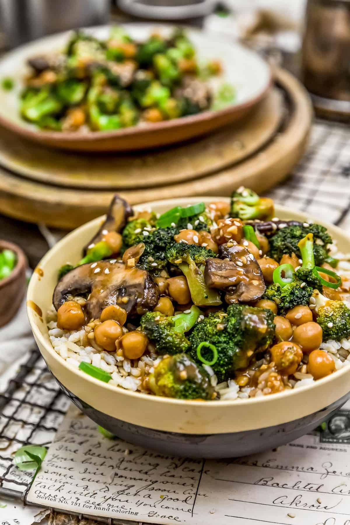 Bowls of General Tso’s Broccoli Mushroom Stir Fry