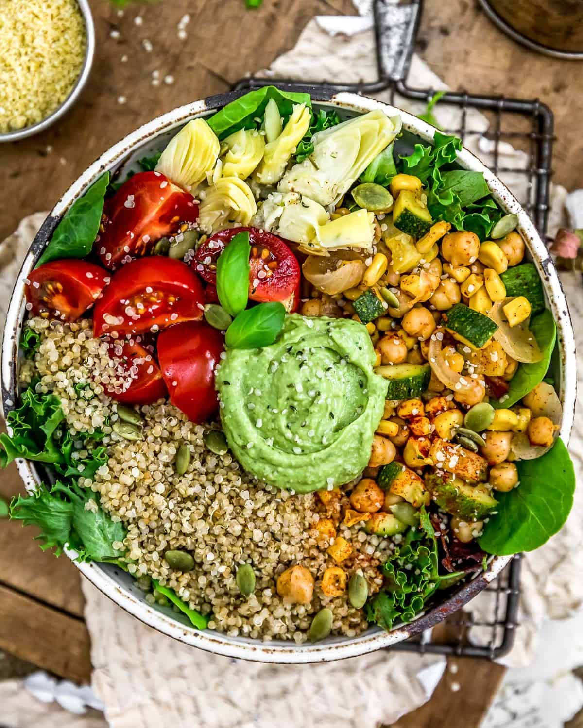 Vegan Oil Free Avocado Pesto in a buddha bowl