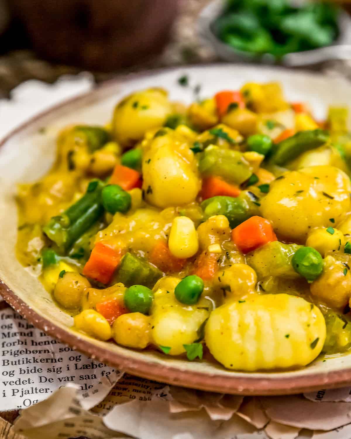 Plated Vegan Skillet “Chicken” and Dumplings