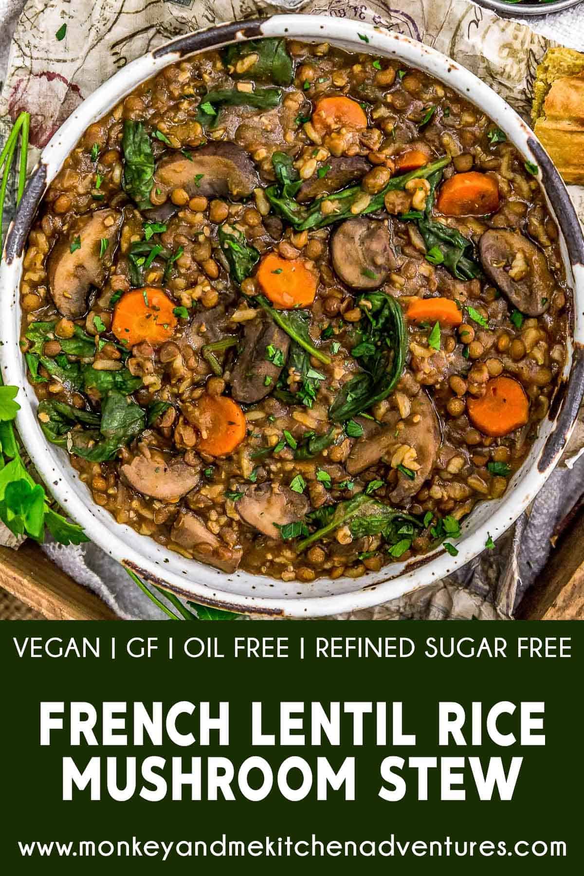 French Lentil Rice Mushroom Stew with text description