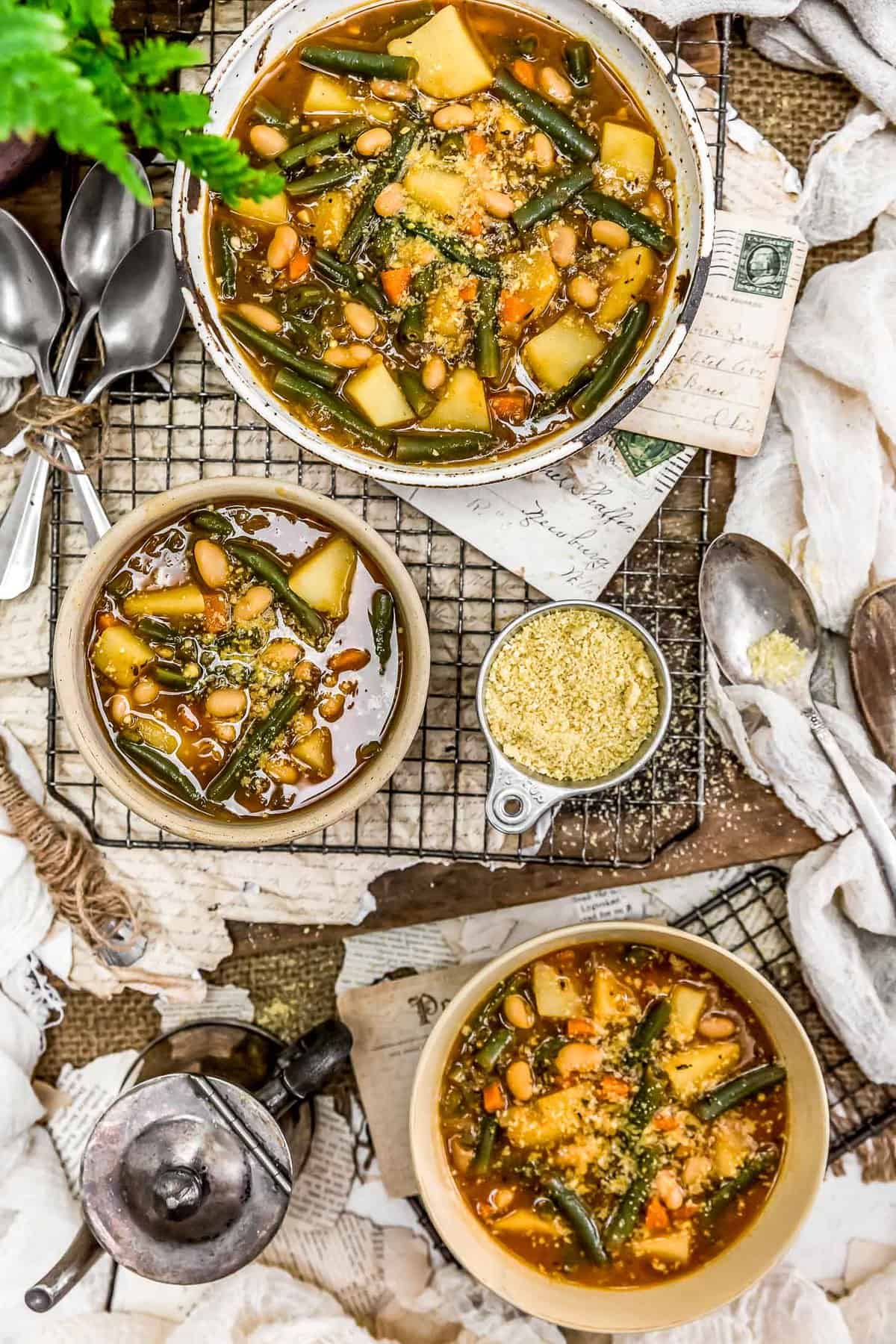 Tablescape of Vegan “Ham” Green Bean Potato Soup