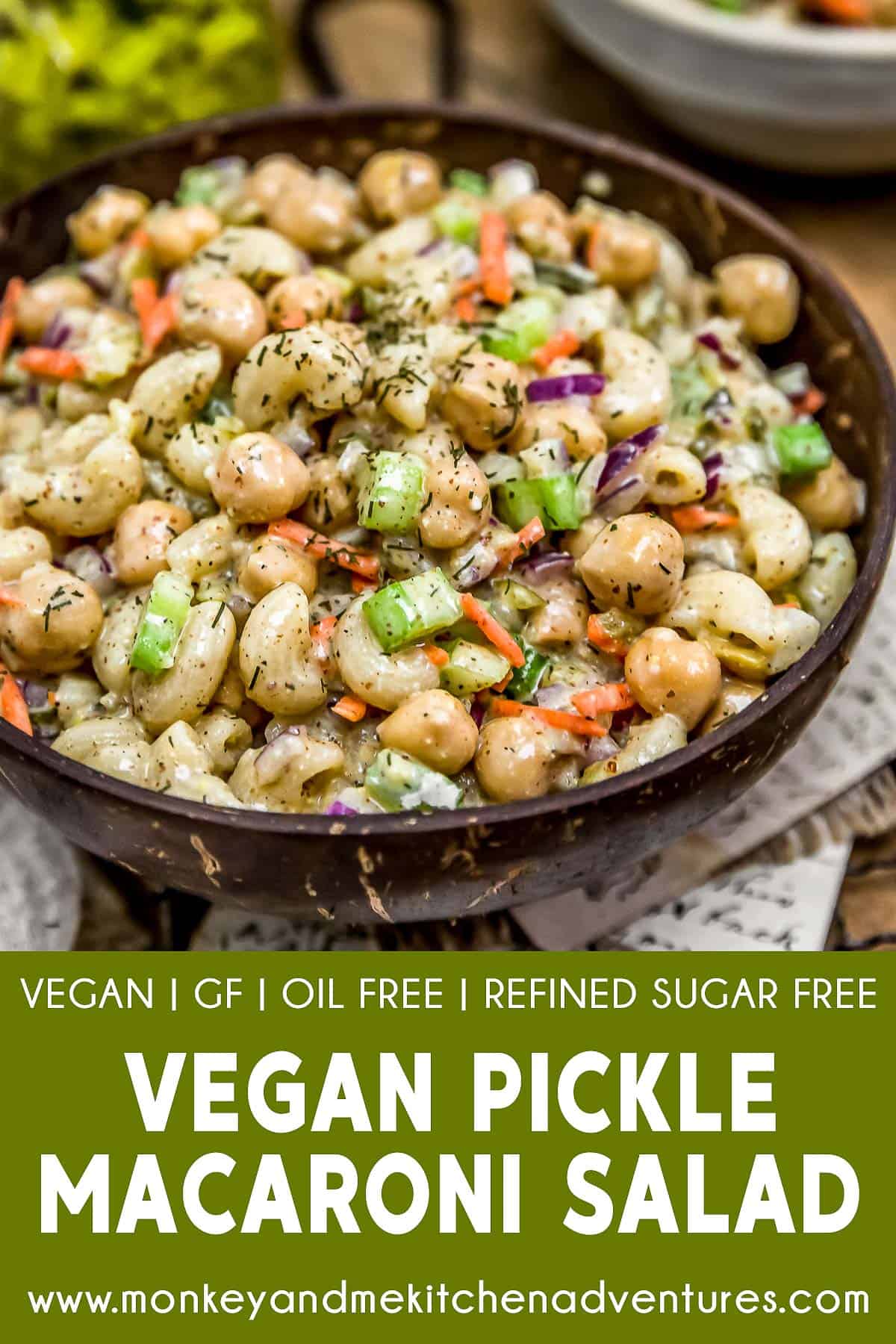 Vegan Pickle Macaroni Salad with text description