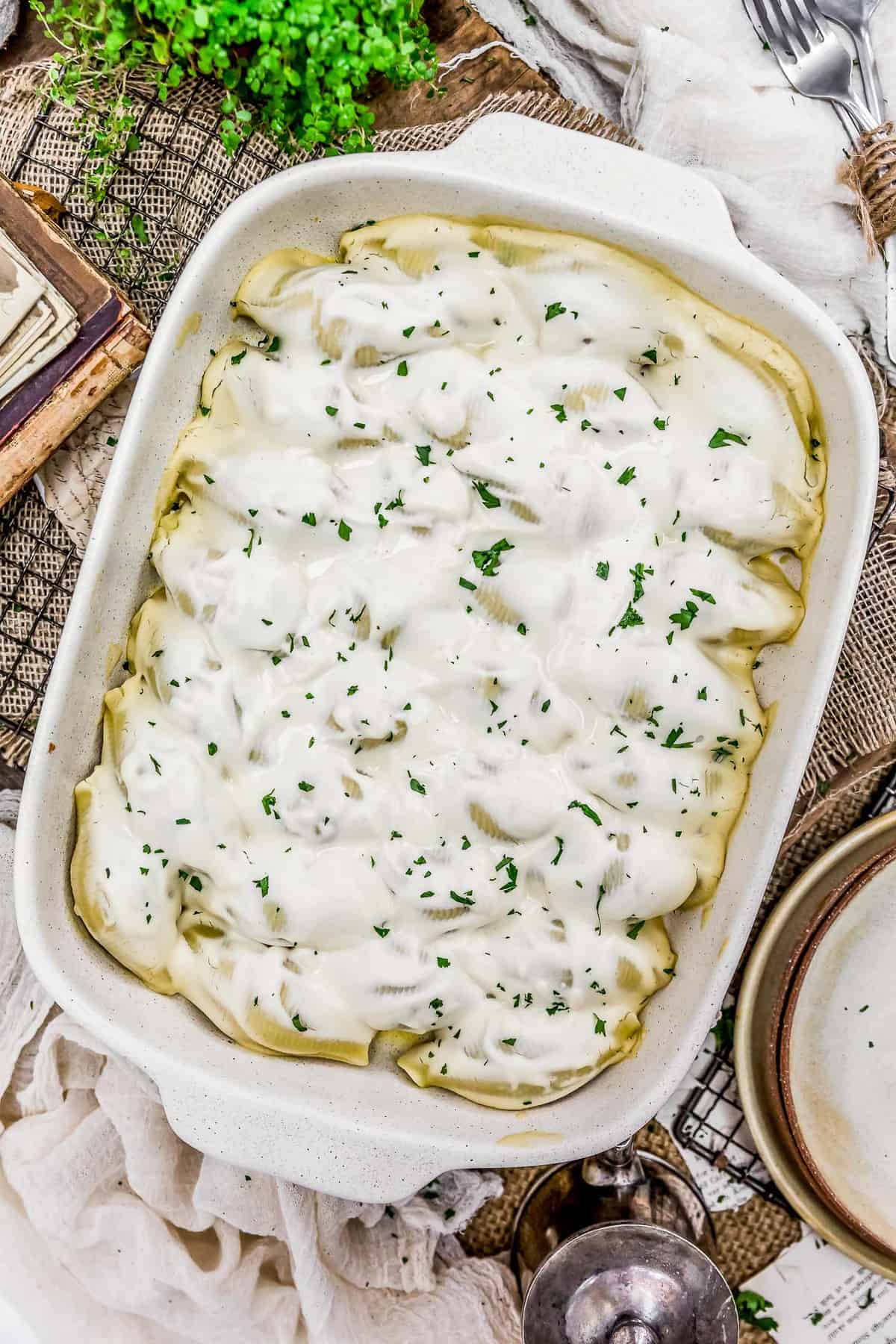 Baking dish of Vegan Pierogi Stuffed Shells