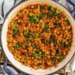 Skillet of Vegan Spanish Spicy “Chorizo” and Rice