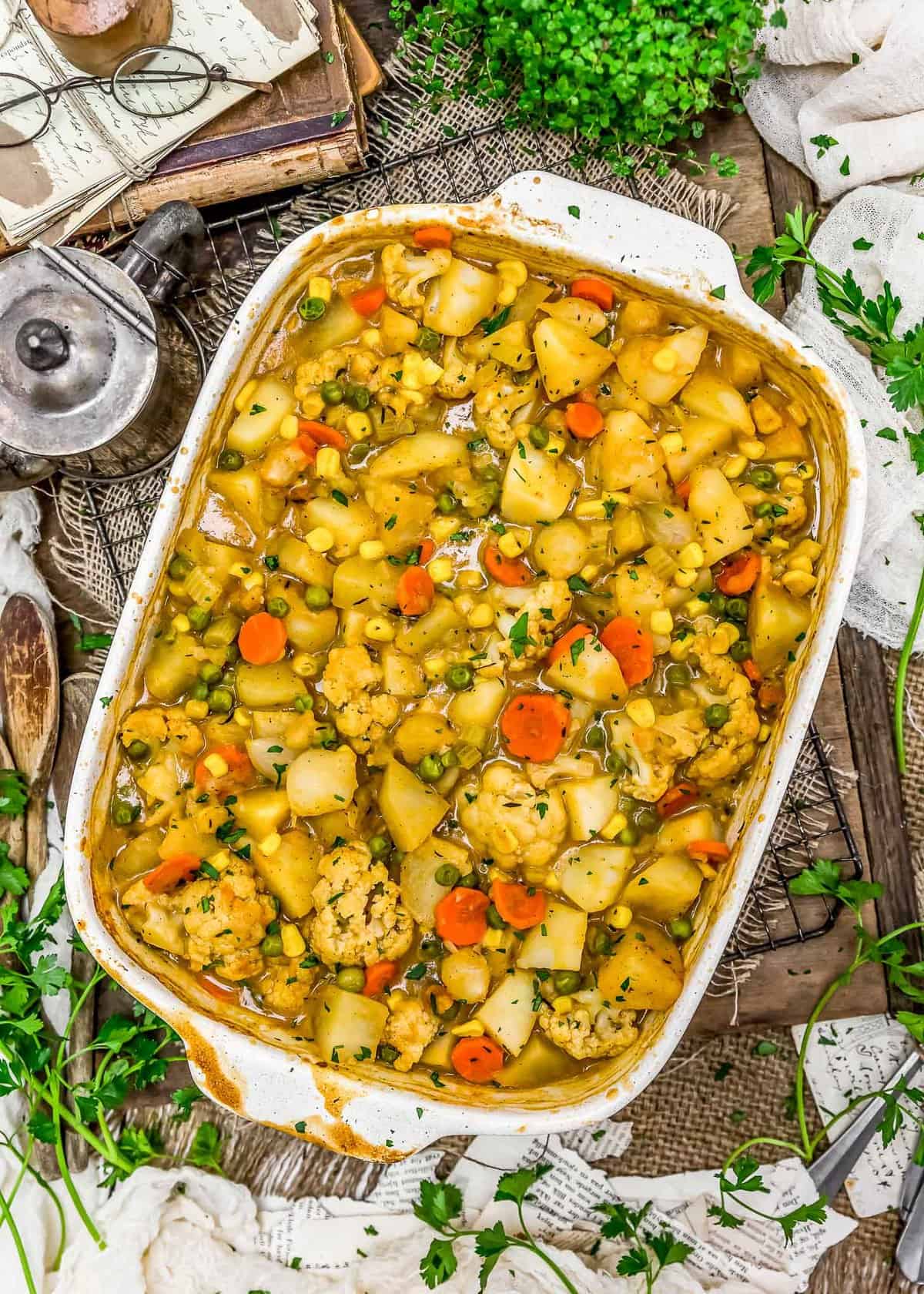 Roasted Veggies in Golden Gravy in a baking dish