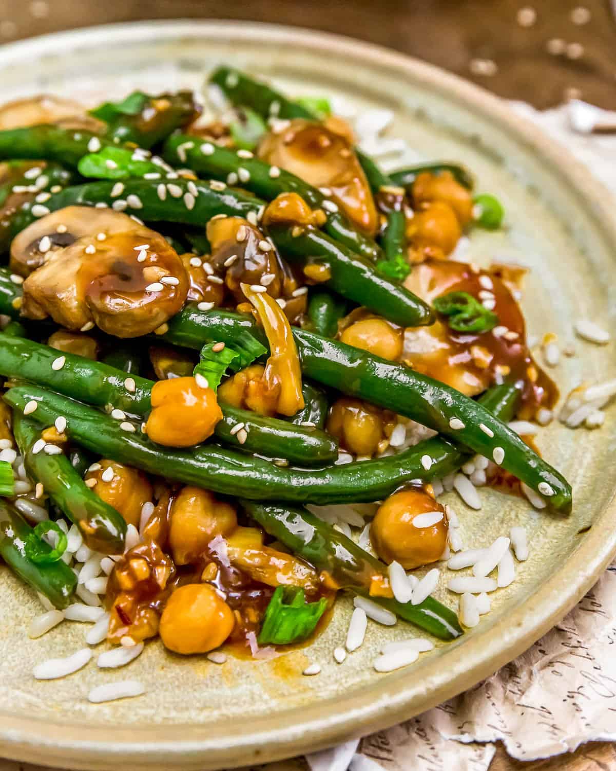 Close up of Asian Green Beans and Mushrooms