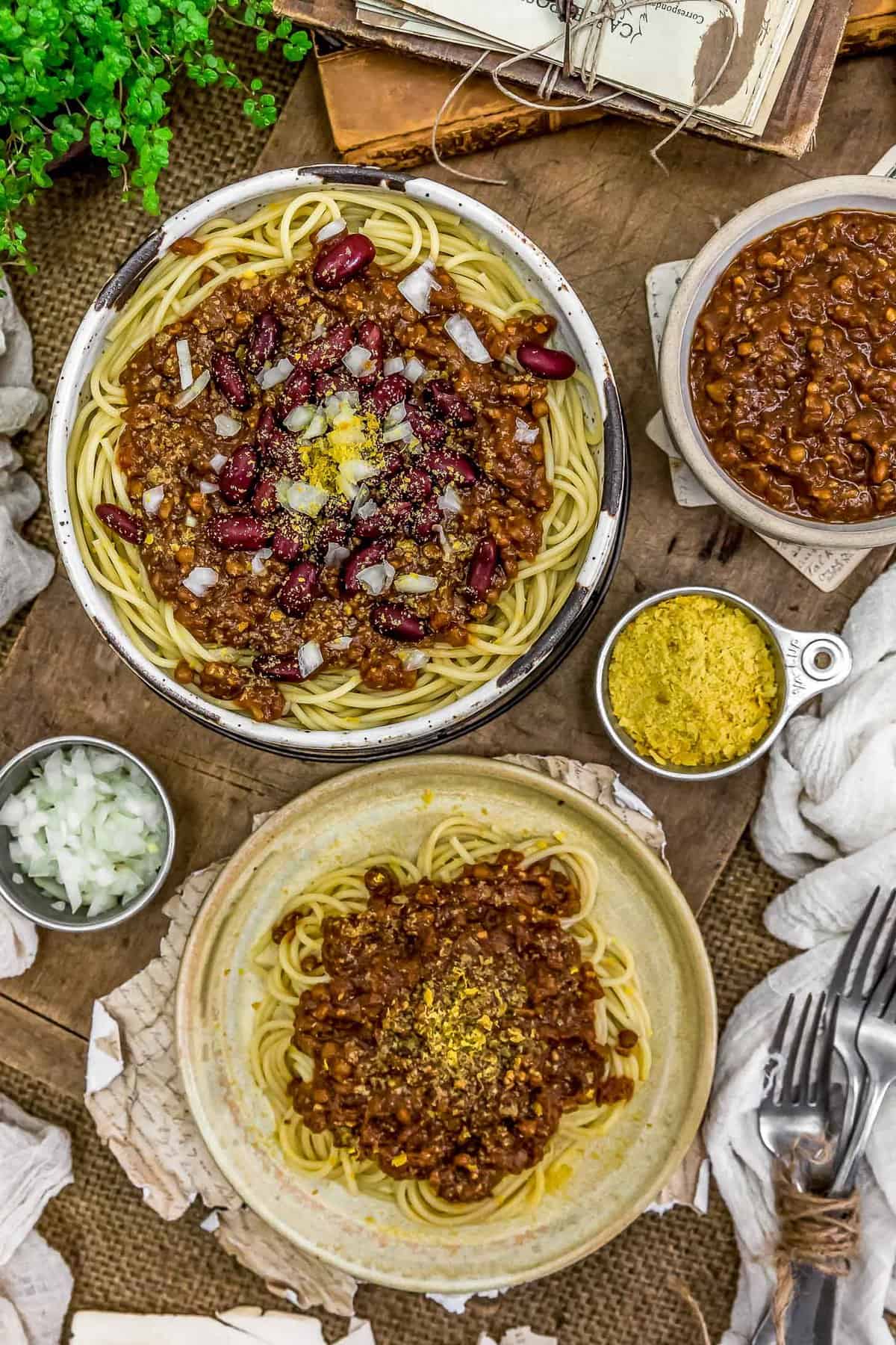 Tablescape of Vegan Cincinnati Chili