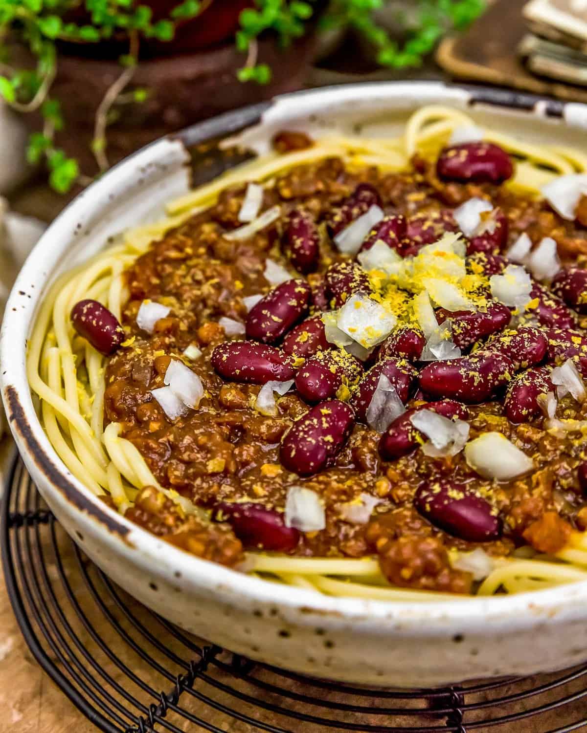 Close up of Vegan Cincinnati Chili 5 ways