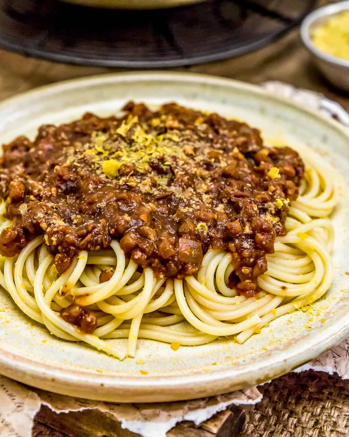 Close up of Vegan Cincinnati Chili over spaghetti