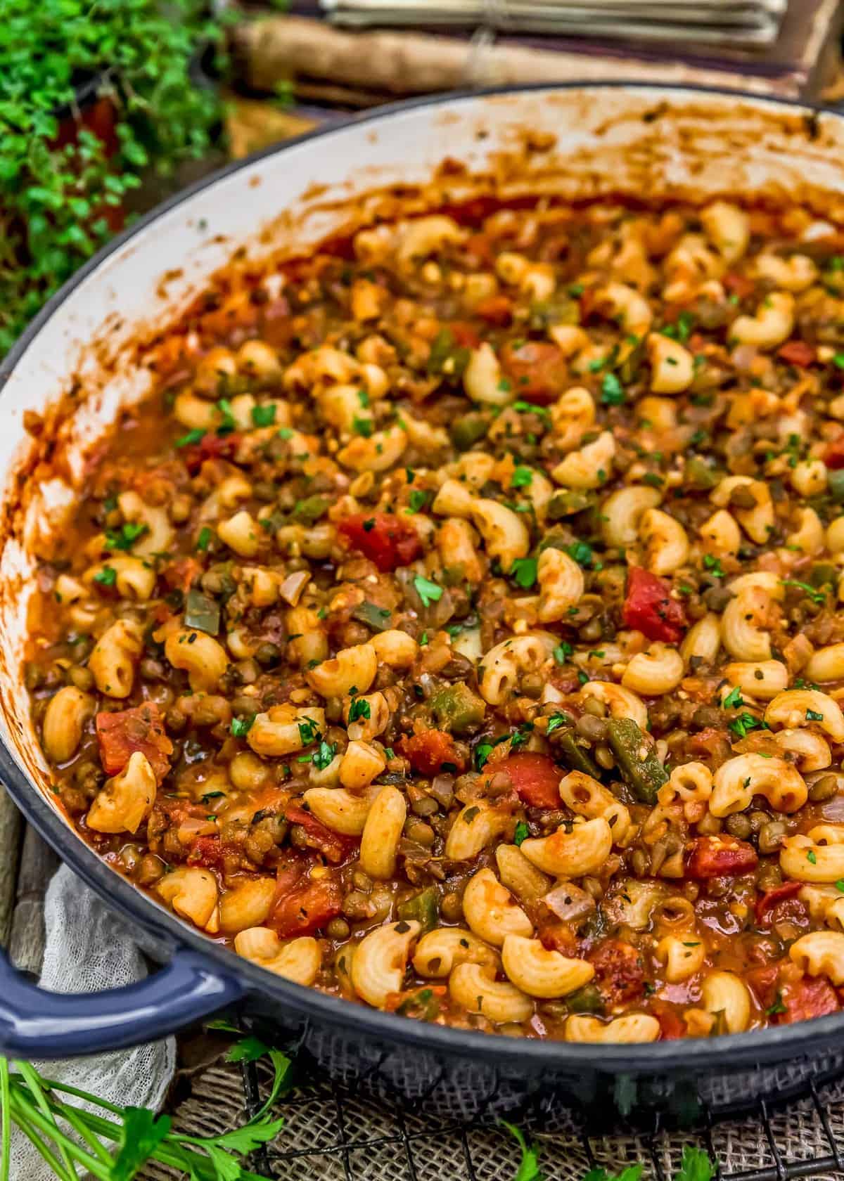 Close up skillet of Vegan Italian American Goulash