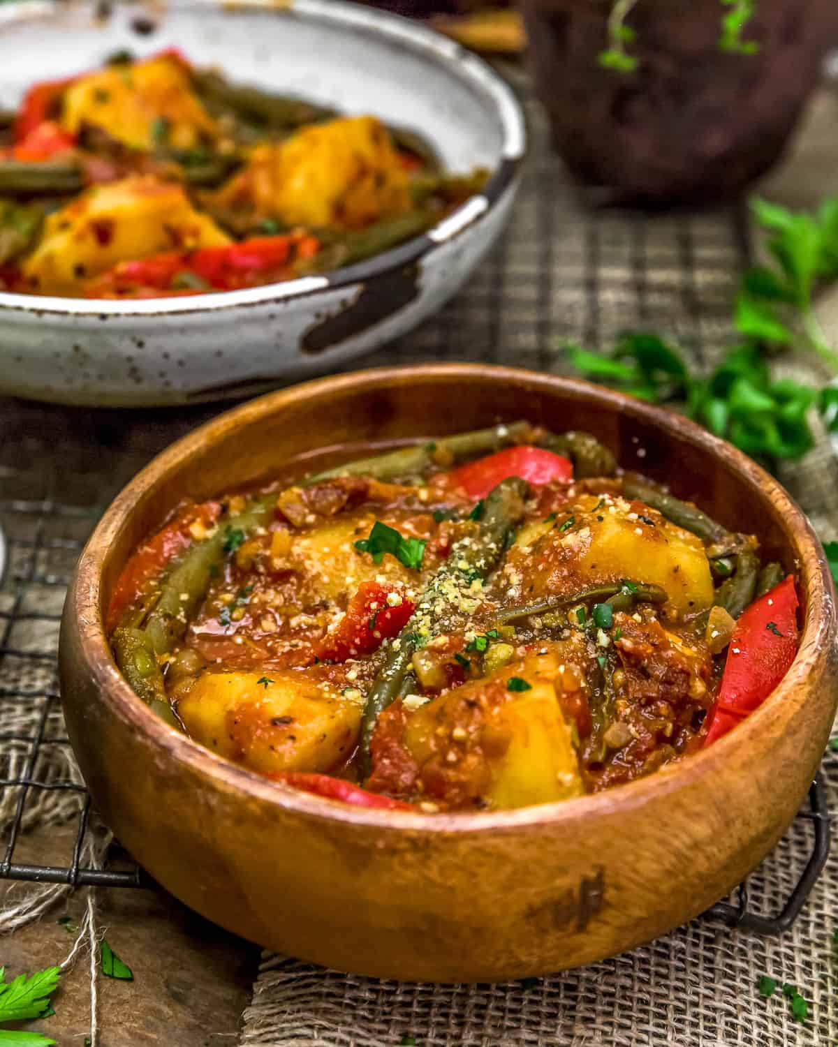 Plated Italian Braised Green Beans and Potatoes