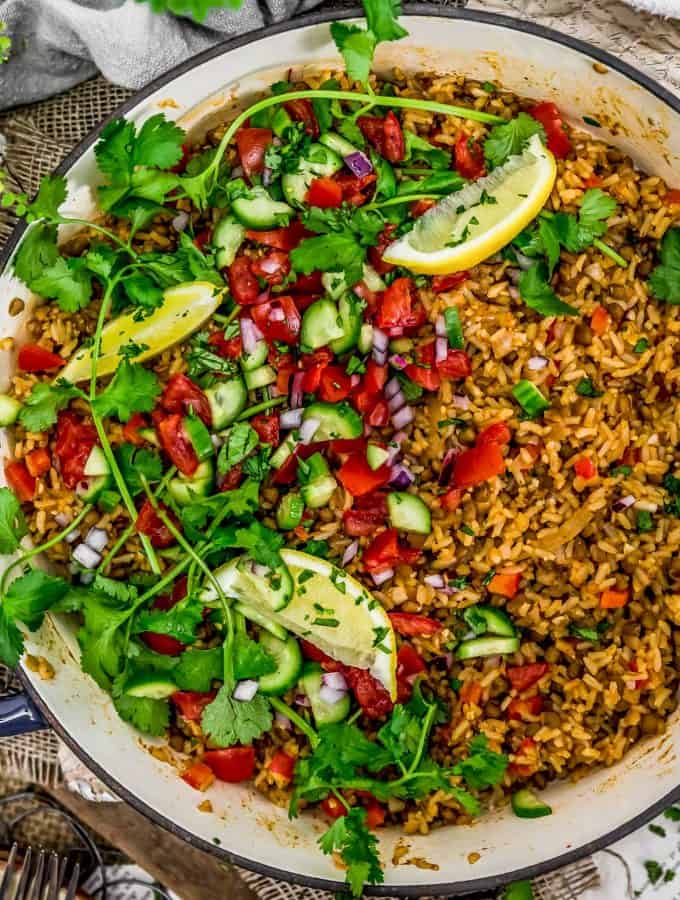 Close up skillet of Middle Eastern Rice and Lentils