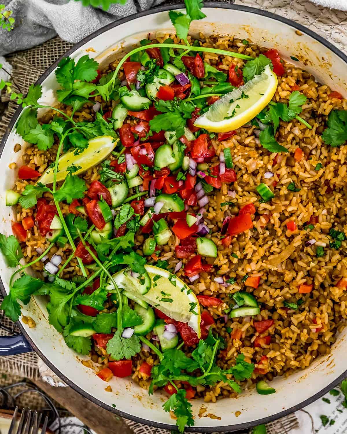 Close up skillet of Middle Eastern Rice and Lentils