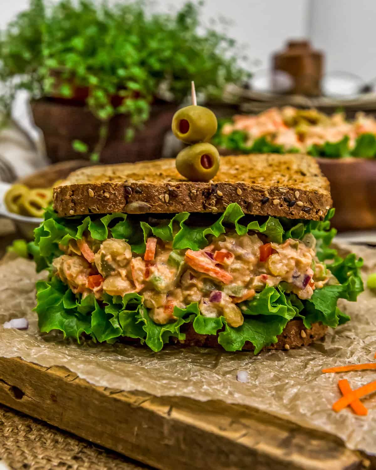 Pimento Olive Chickpea Salad in a sandwich