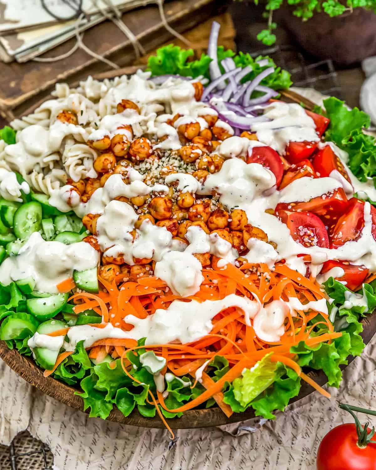 Close up of Vegan Blue Cheese Dressing on salad