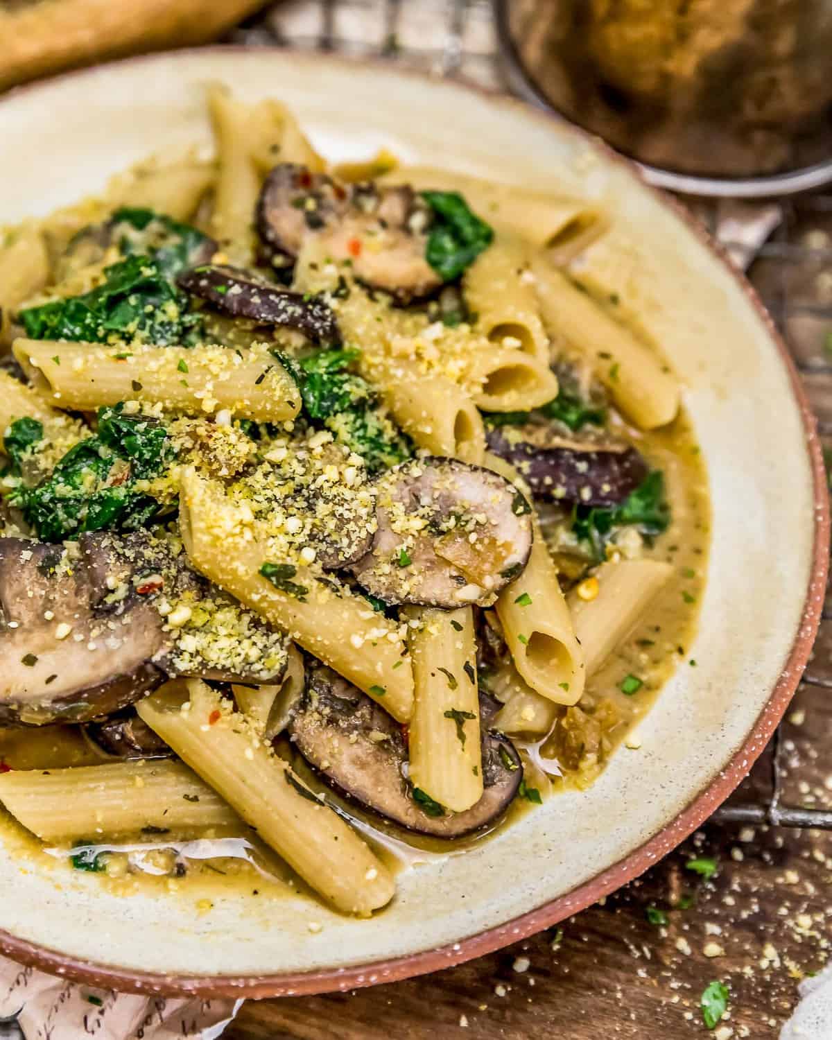 Close up of plated Vegan “Sausage” Mushroom Pasta