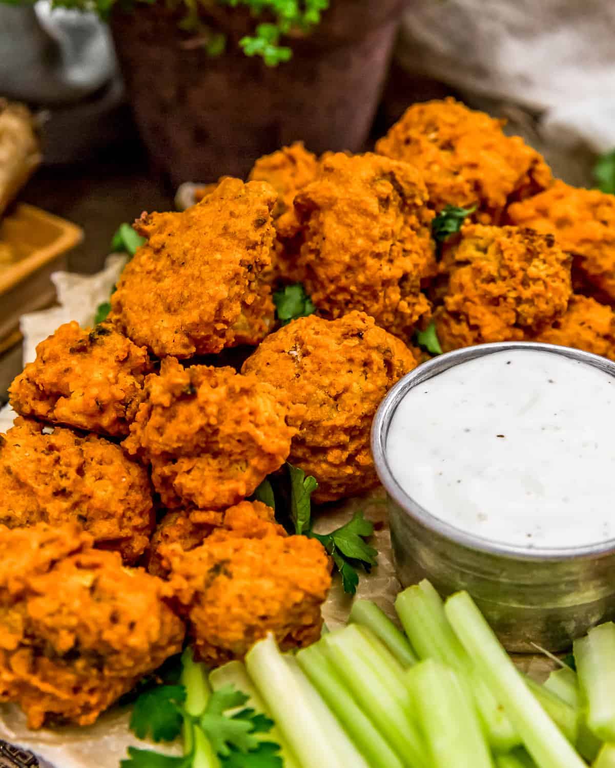 Close up of Baked Buffalo Cauliflower Wings