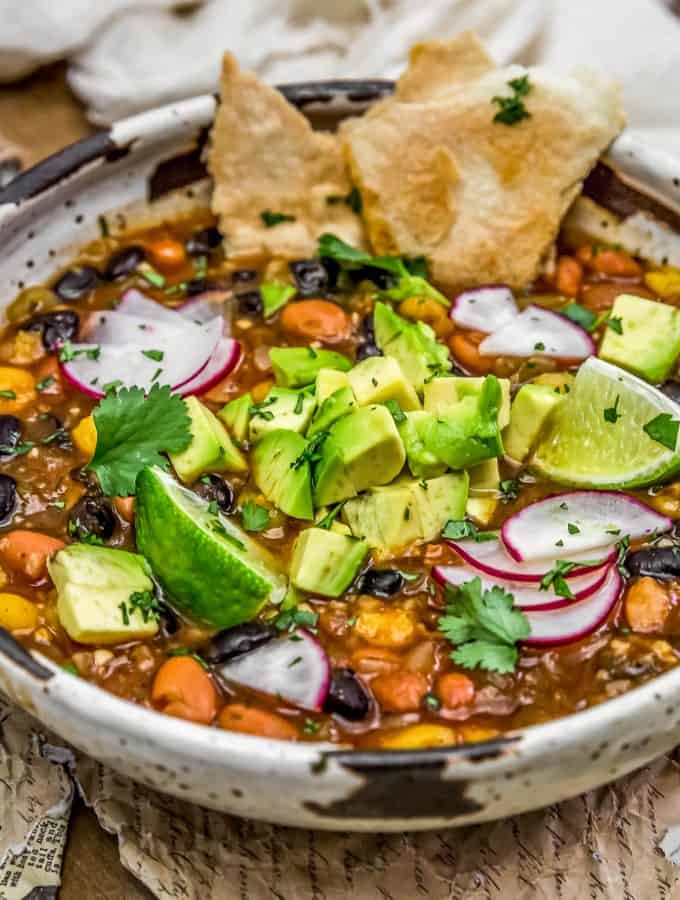 Easy Vegan Mexican Posole in a bowl