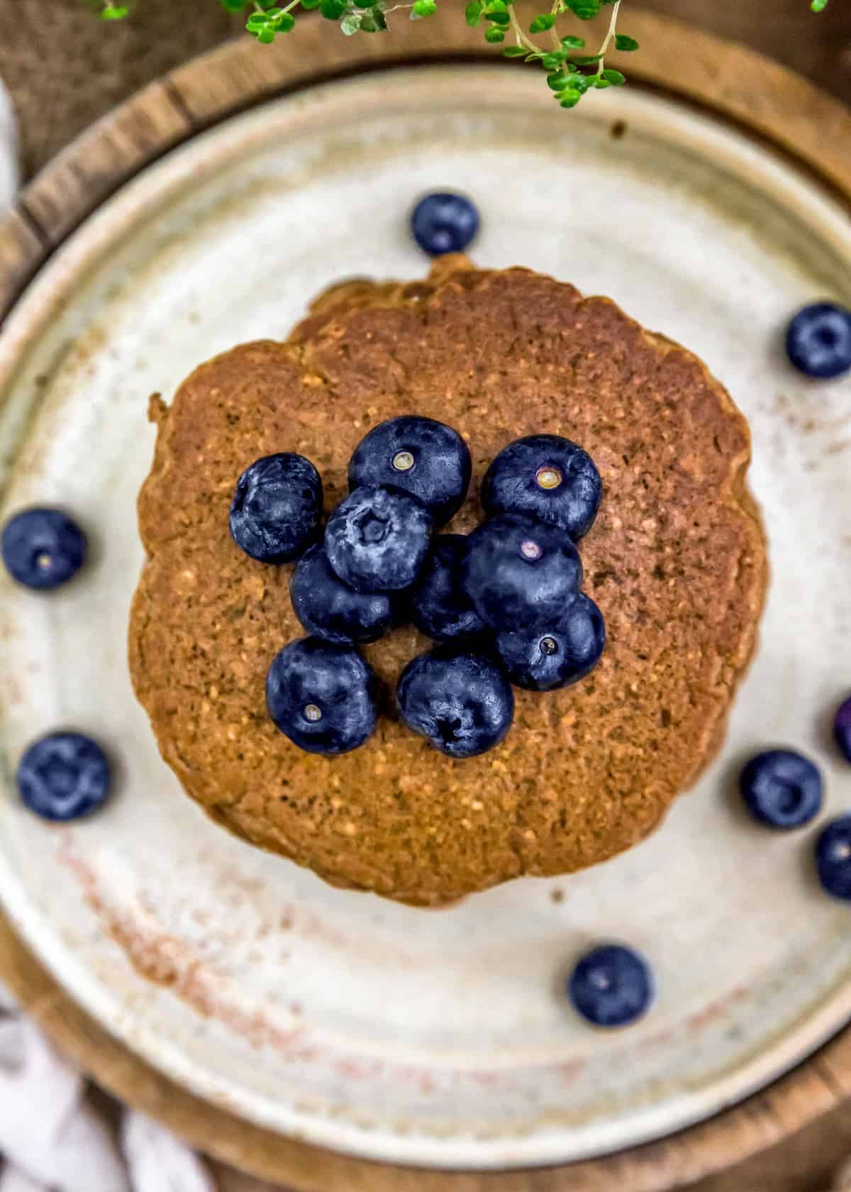 Top down view of Hearty Blueberry Oat Pancakes