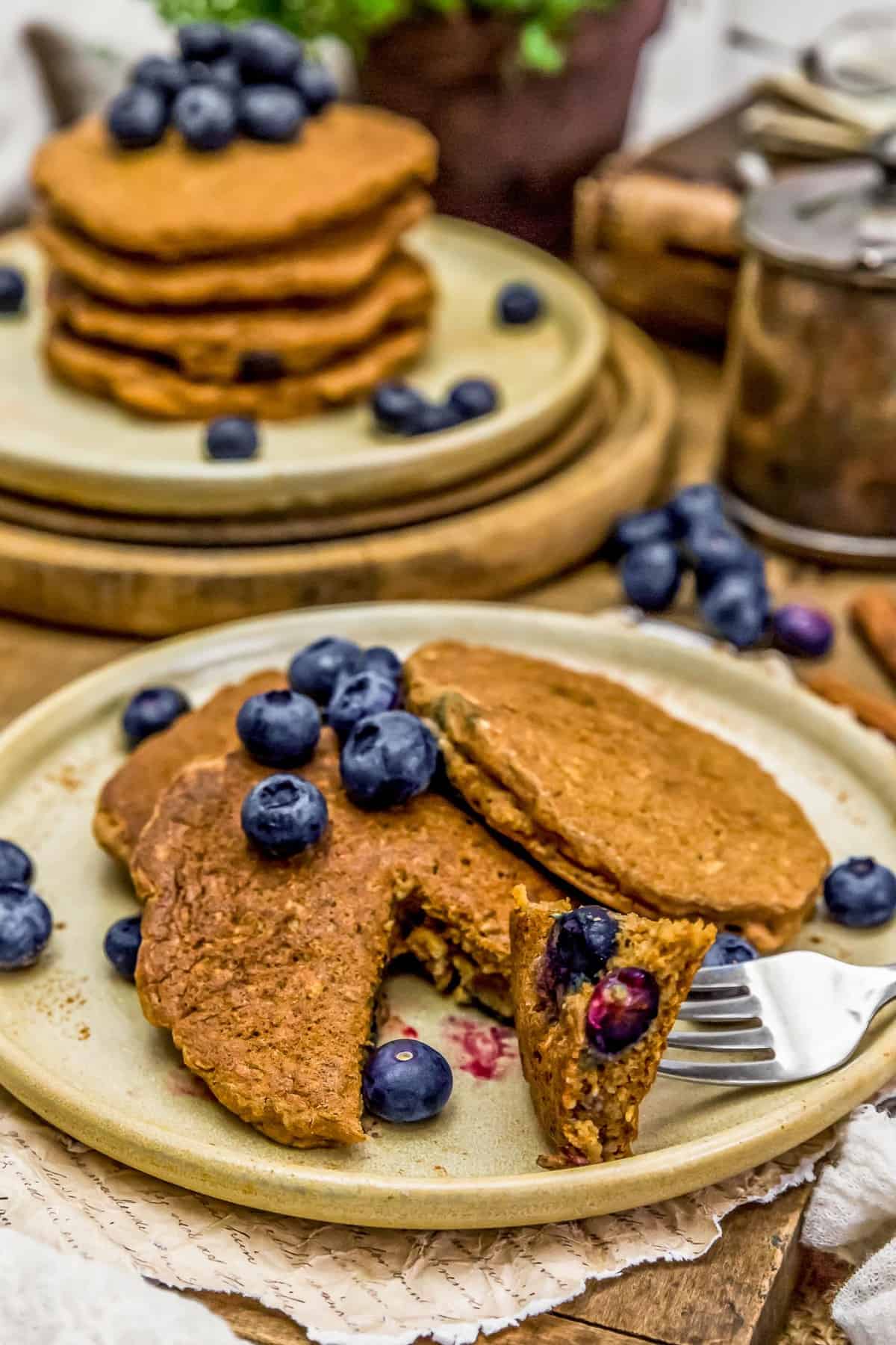 Plated Hearty Blueberry Oat Pancakes