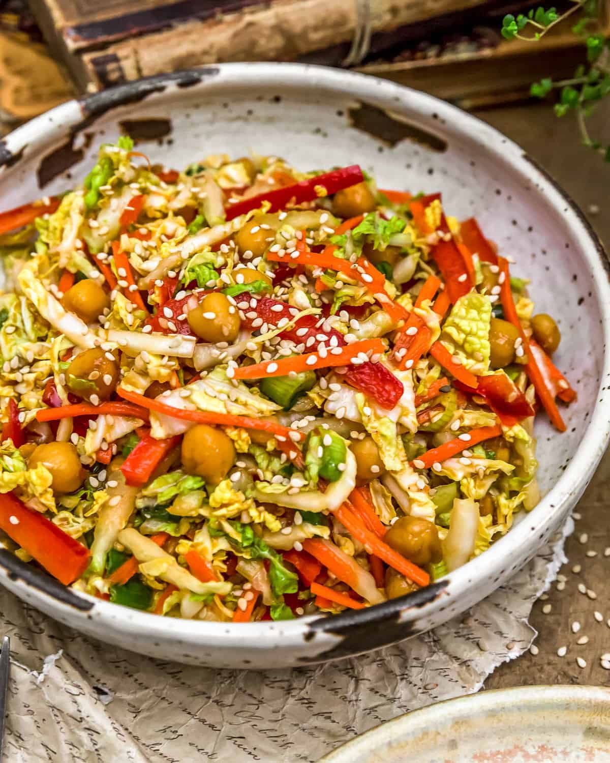 Spicy Glazed Chickpea Napa Cabbage Salad in a bowl