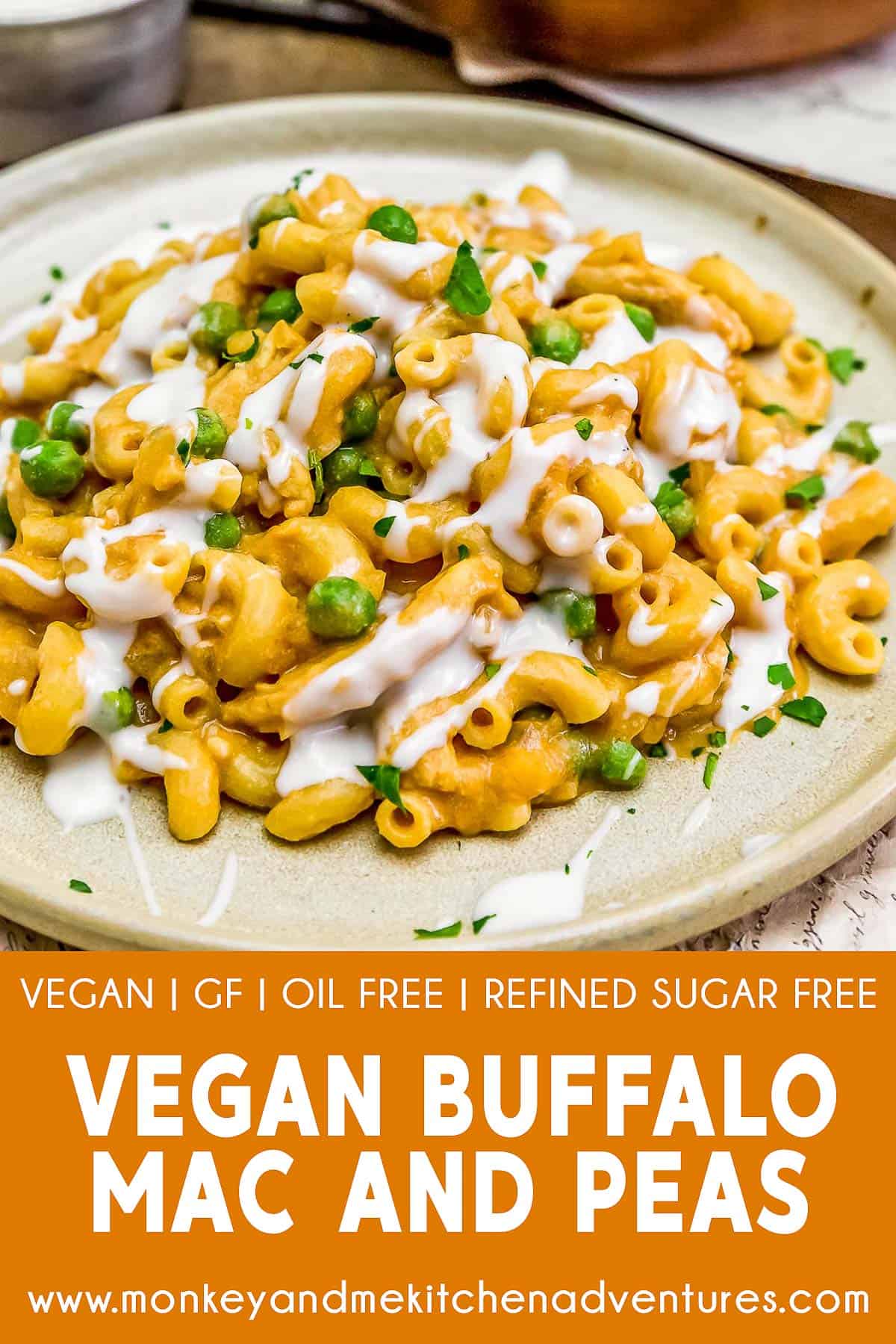 Vegan Buffalo Mac and Peas with text description