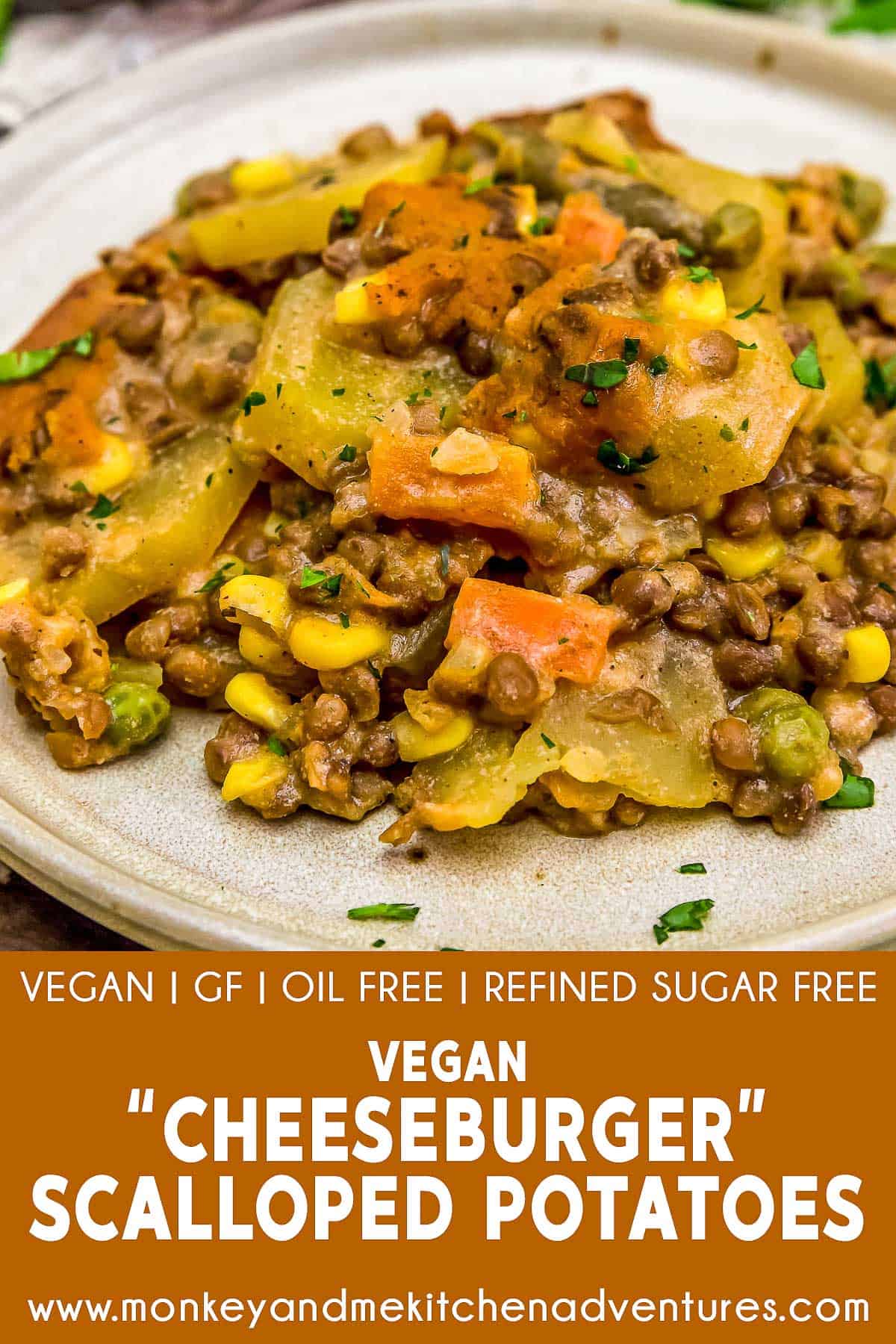 Vegan “Cheeseburger” Scalloped Potatoes with text description
