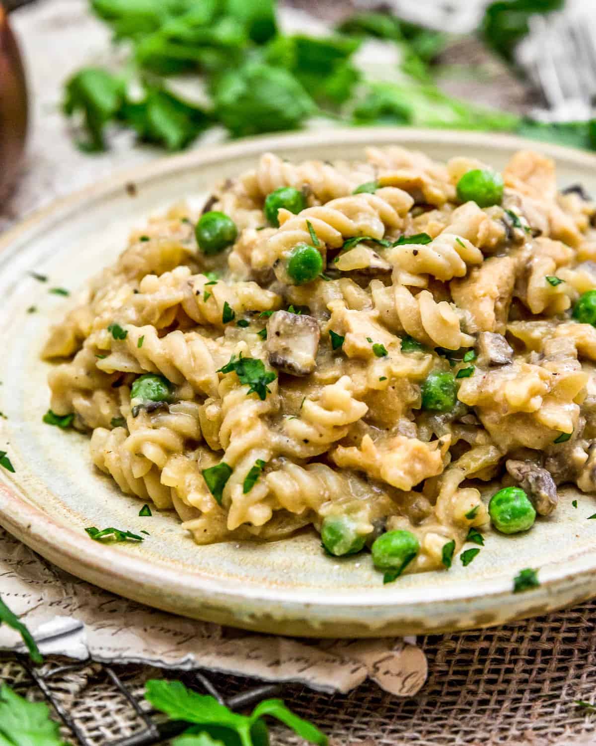 Close up of Vegan “Chicken” Cordon Bleu Pasta Skillet