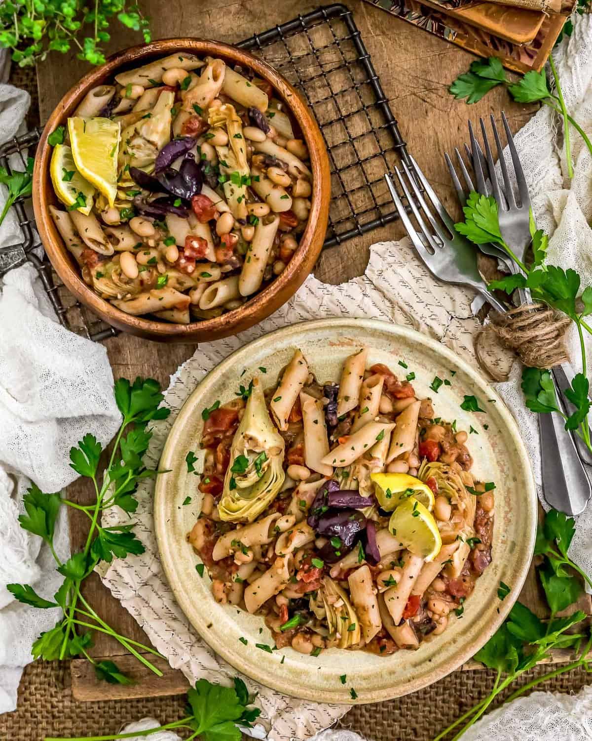 Tablescape of Vegan Greek Pasta