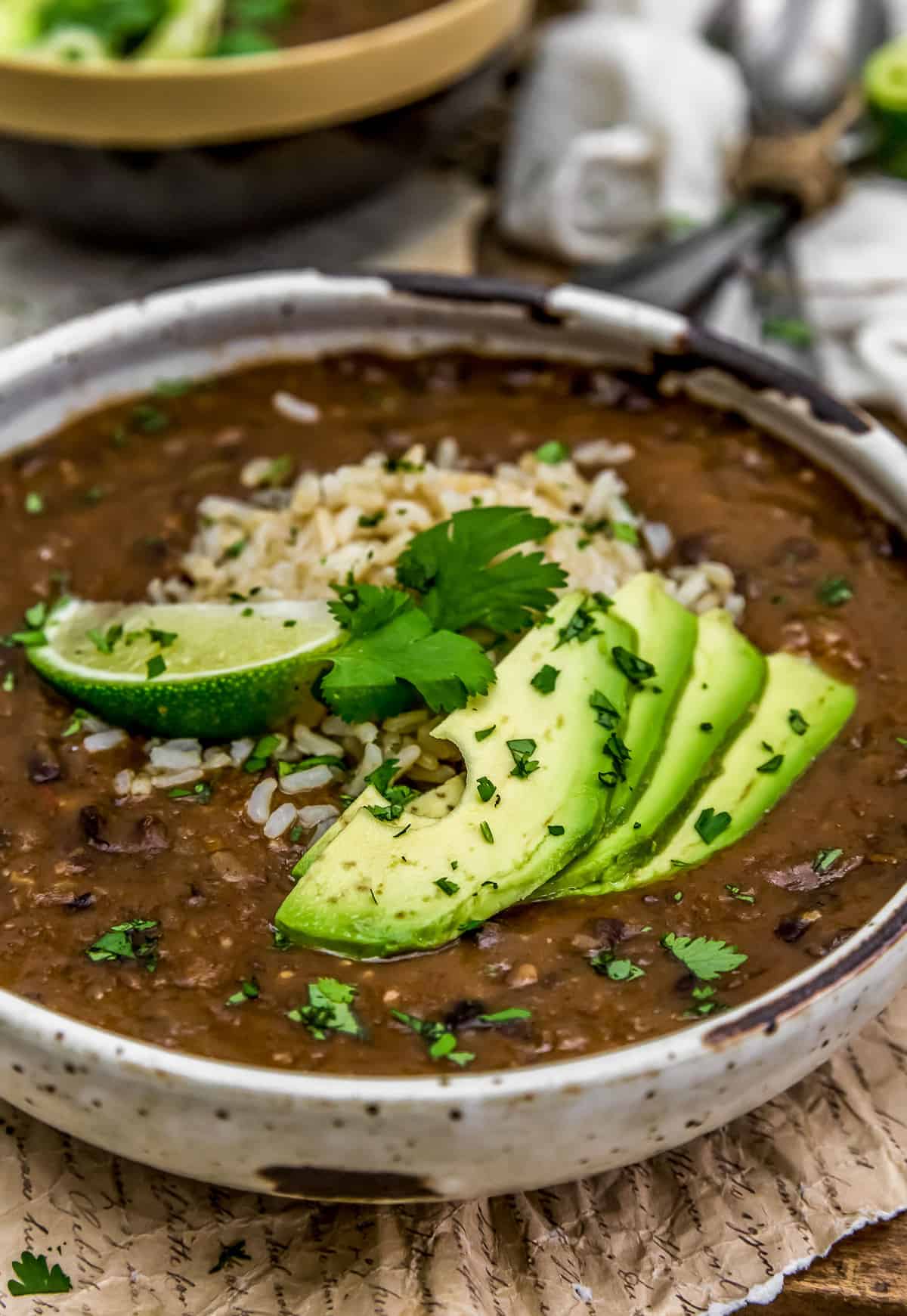 Easy Black Bean Soup with rice and avocado