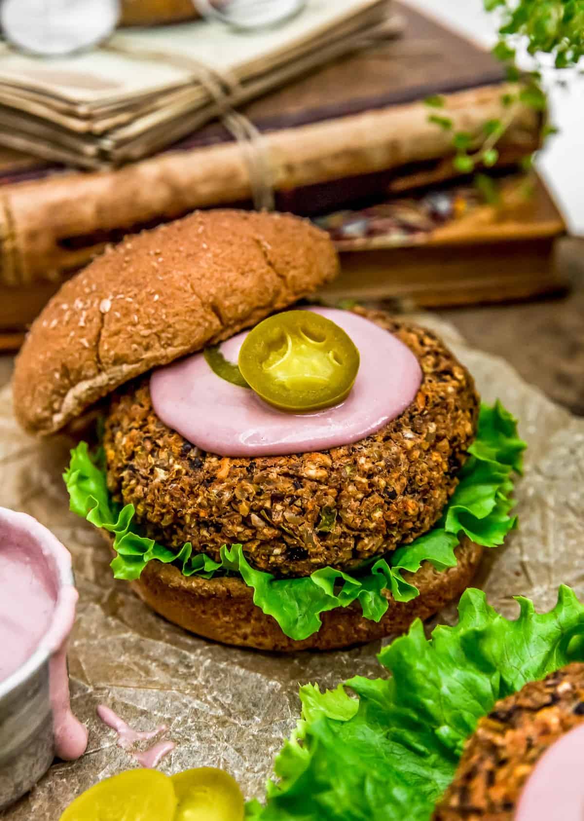 Vegan Jalapeño Popper Burger with Vegan Pickled Jalapeño Raspberry Burger Sauce